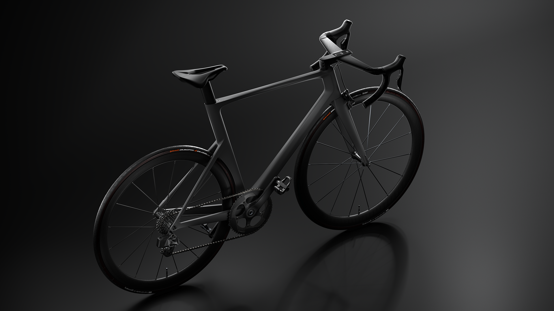 A carbon fiber bicycle frame with aerodynamic design elements, showing high-tech engineering and performance capabilities.