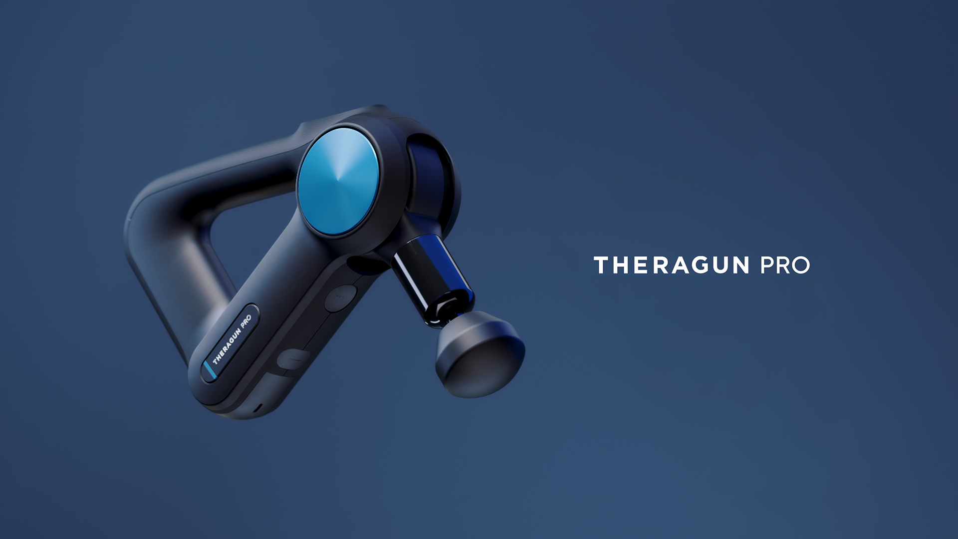 A Theragun Pro massage gun with a blue circular button and black body against a dark background.