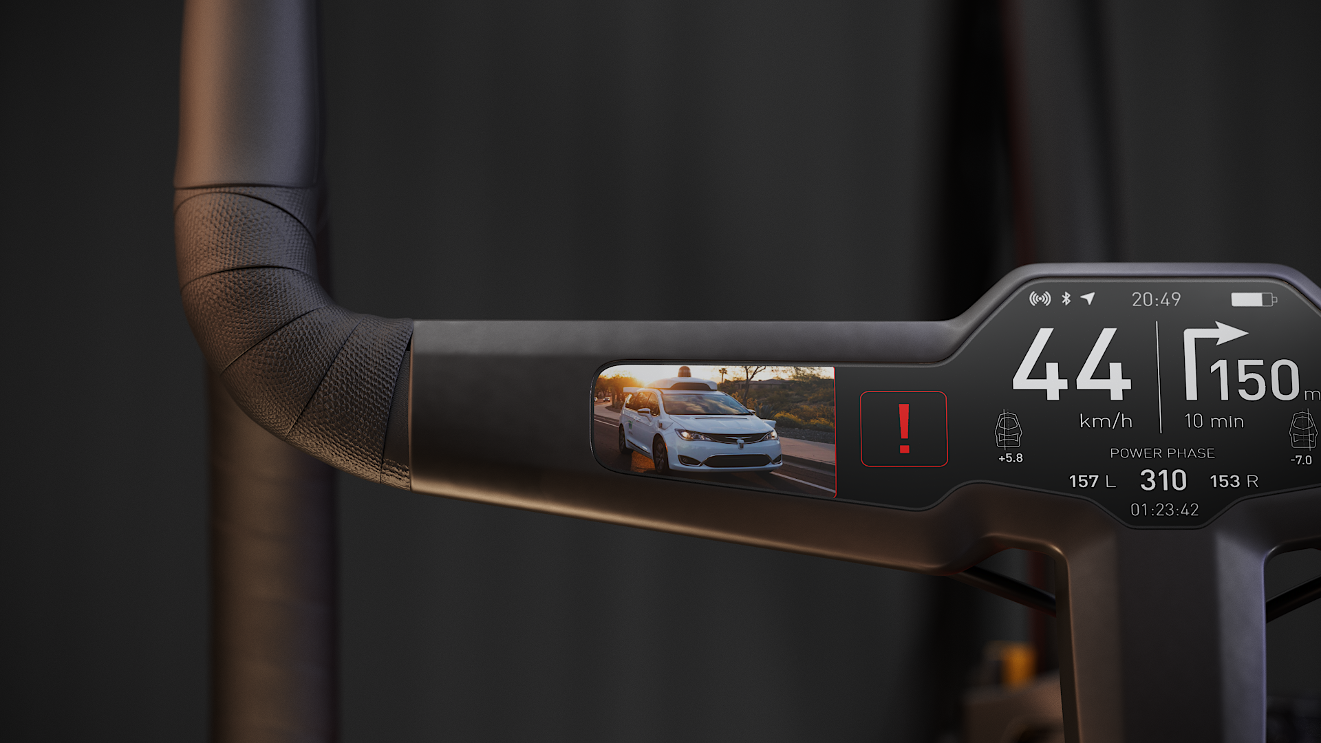 A carbon fiber bicycle frame with a digital display showing speed, power phase, and battery level.