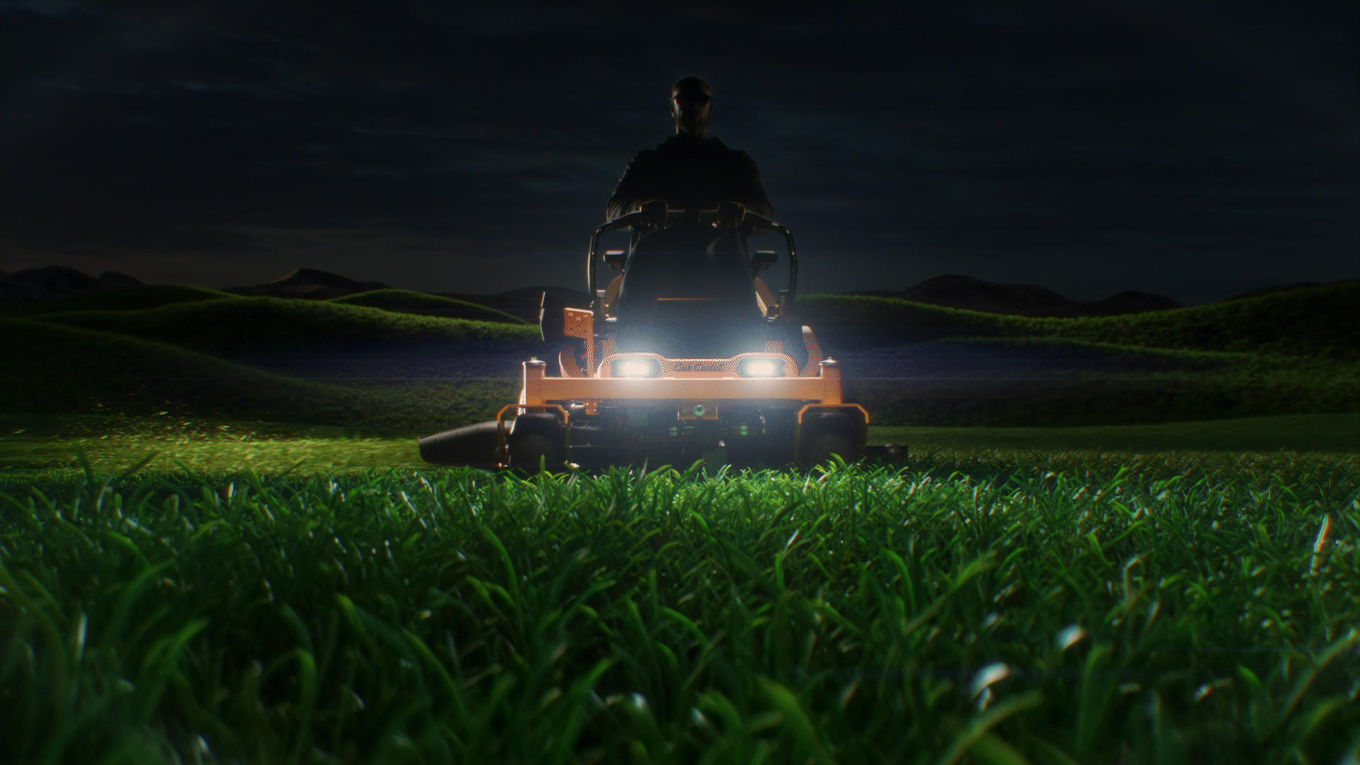 Animated sequence: A Cub Cadet lawn mower with headlights on, moving across a grassy field at night.