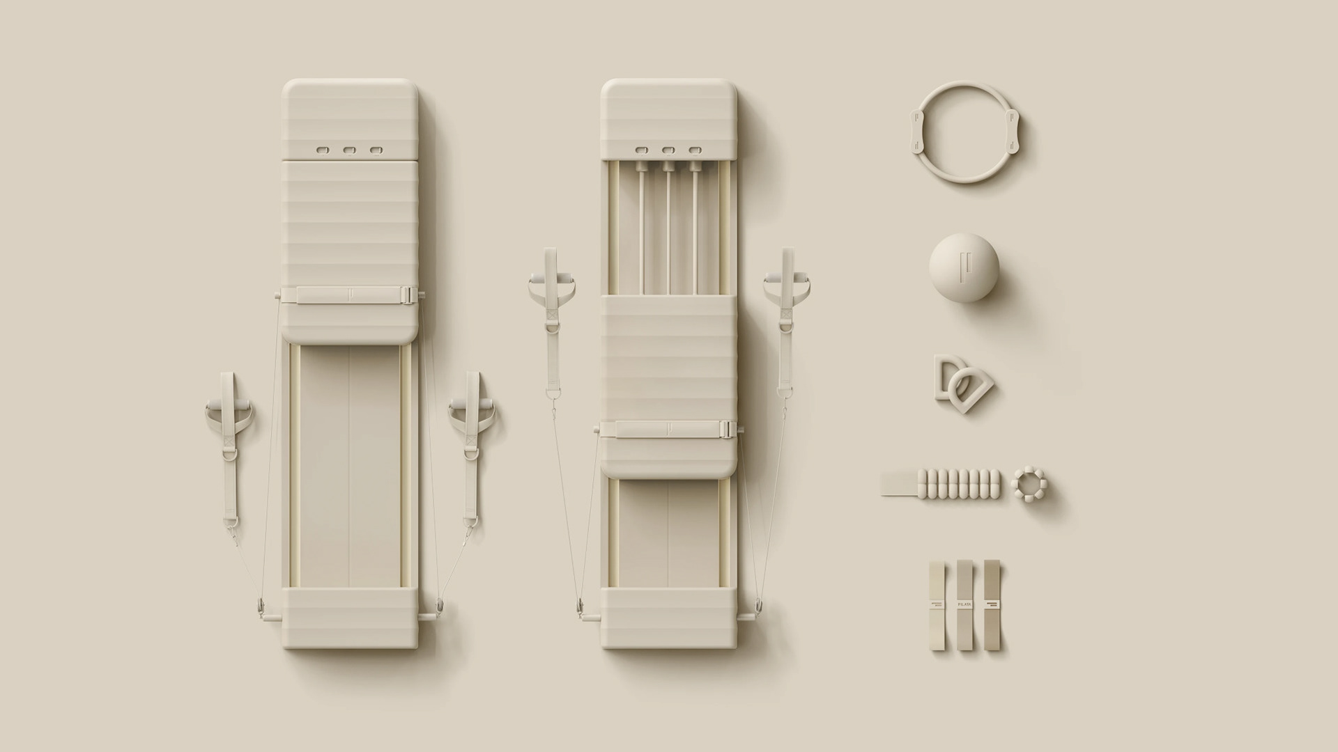A minimalist design featuring two white electronic devices, a wristwatch, and various small components arranged on a neutral background.
