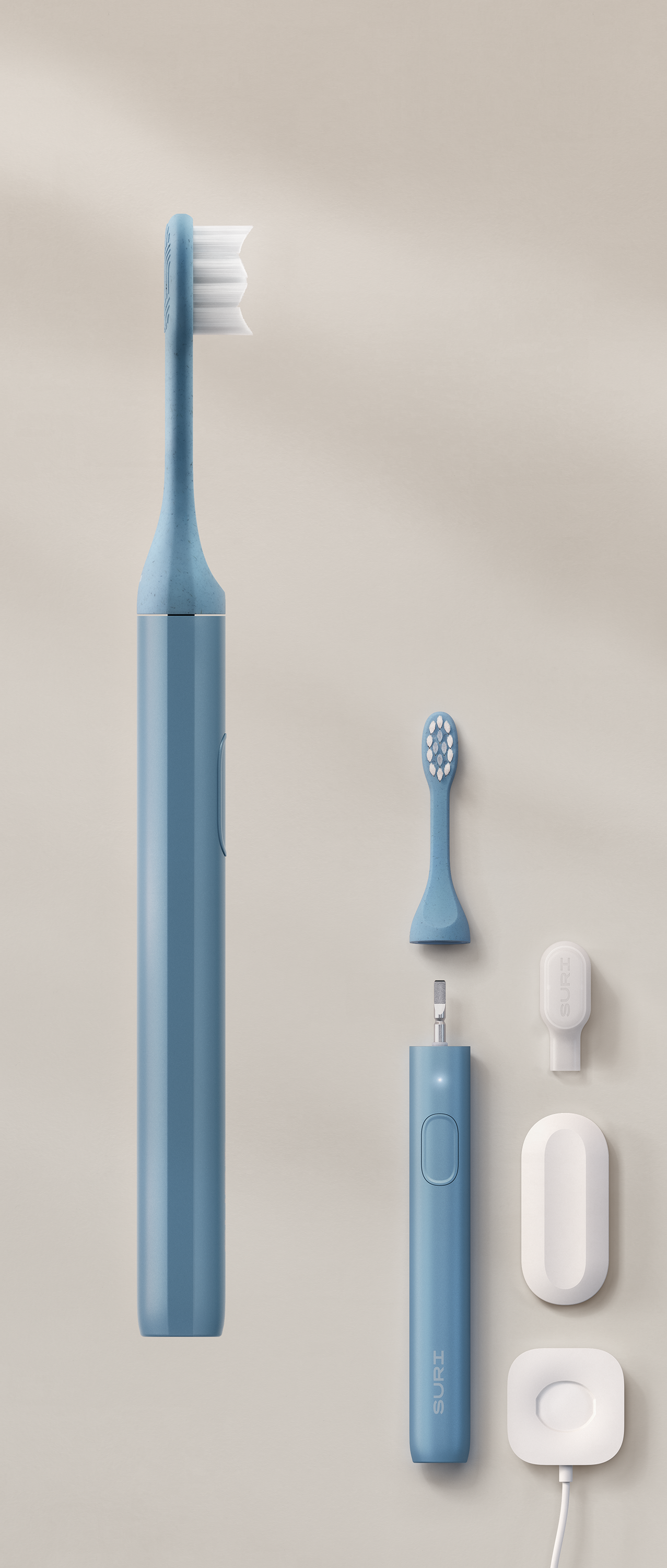 A blue electric toothbrush with a charging dock and replacement head, showing modern design and functionality.