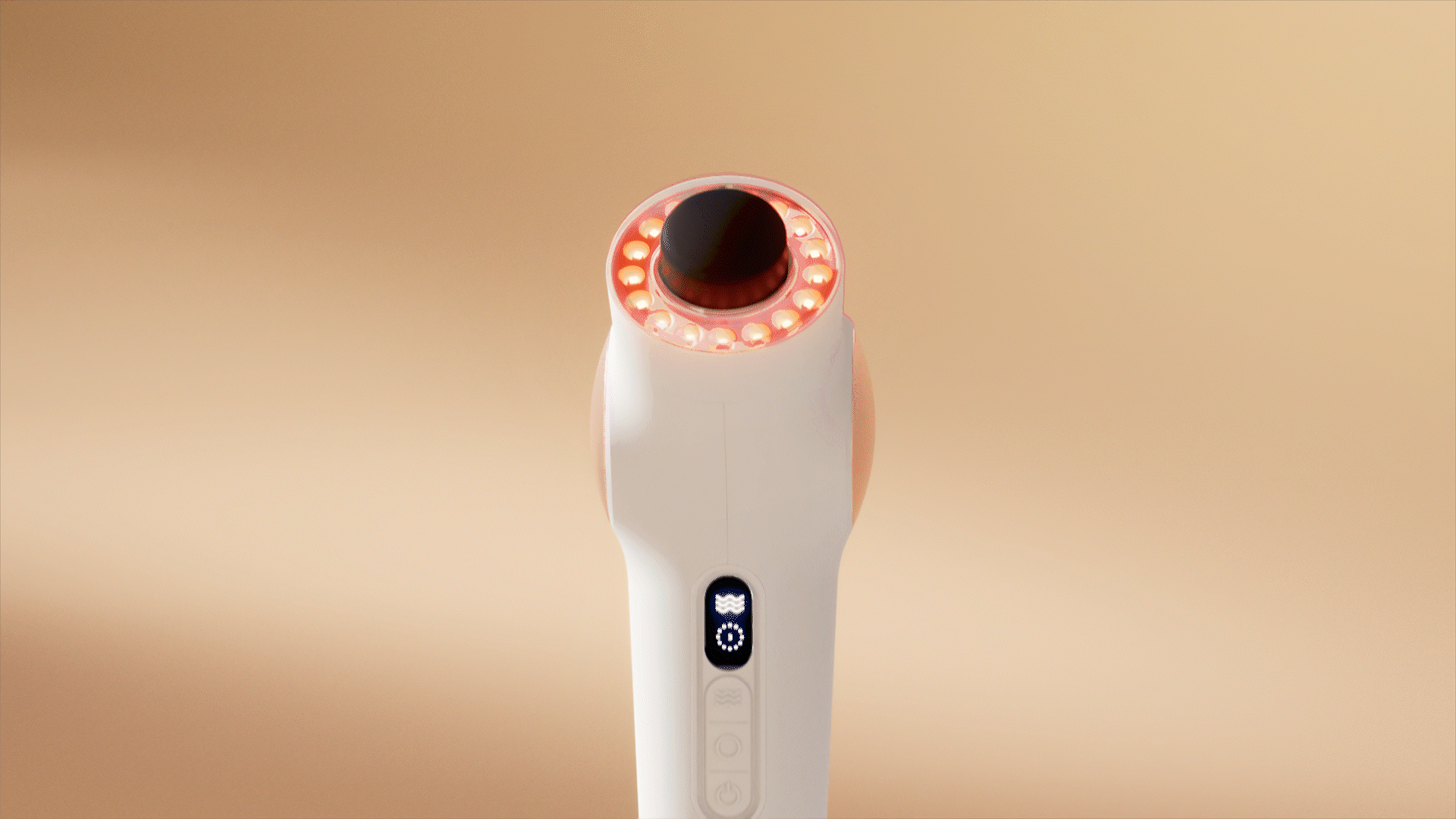 Animated sequence: A white device with buttons and a display screen is placed on sandy terrain, surrounded by fine grains of sand.