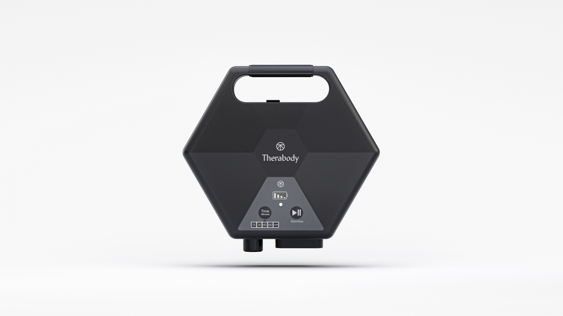 Animated sequence: A sleek black pump with a hexagonal shape, featuring a handle on top, multiple buttons, and a label with Therabody and RecoveryAir Pumps.