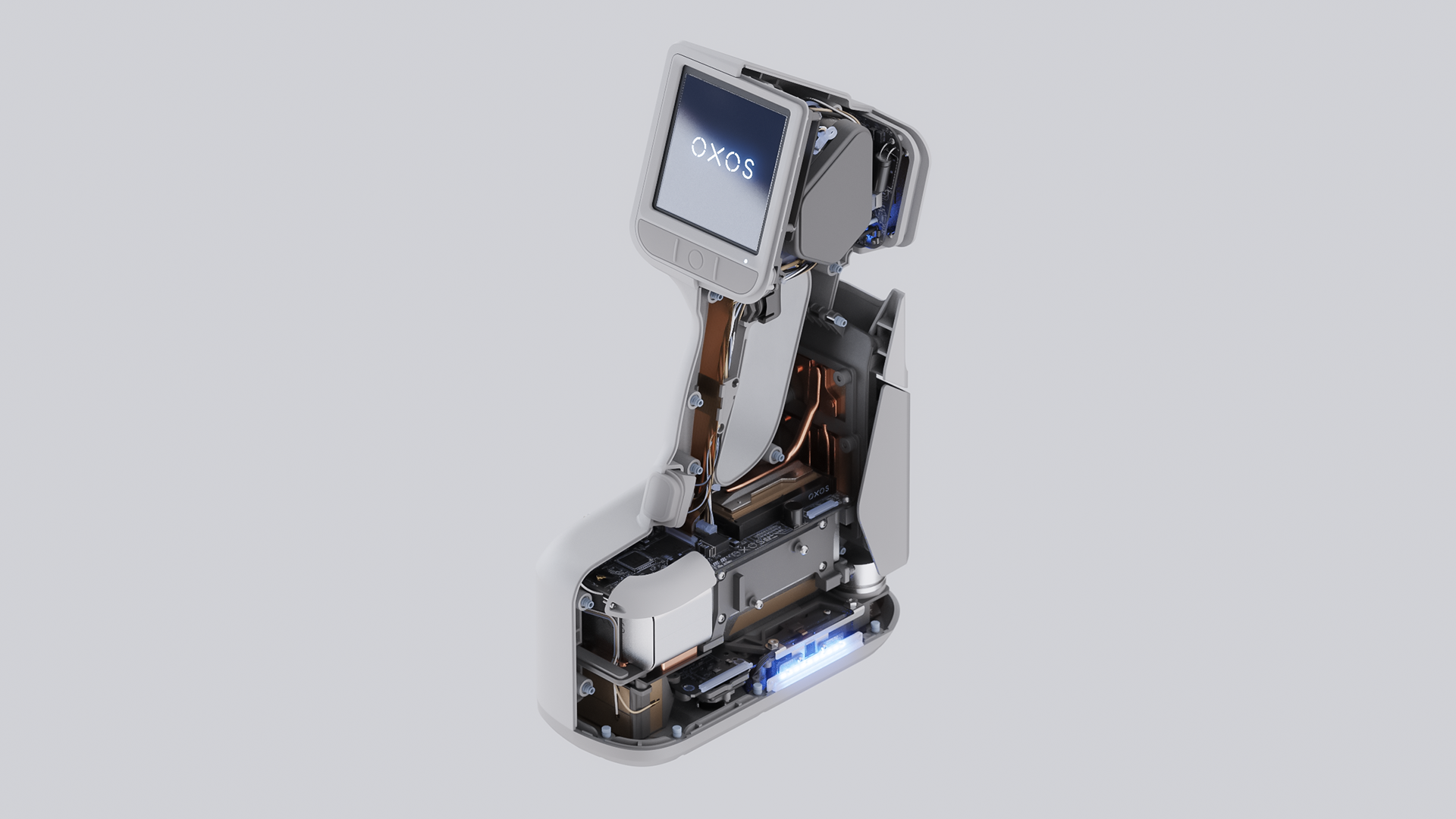 A portable precision robot with a screen displaying "OXOS" and a blue light on its base.