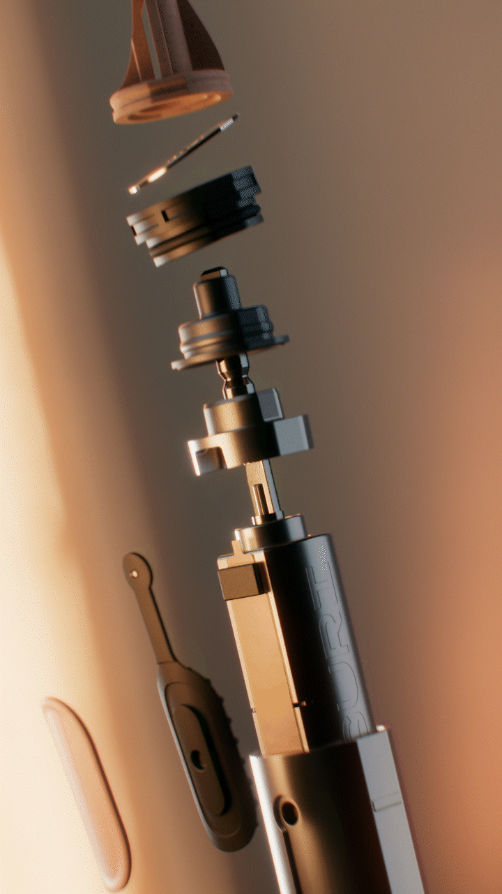 Animated sequence: A close-up of a mechanical device with a brownish hue, featuring a cylindrical component with a central rod and a small, round, orange object at the top.