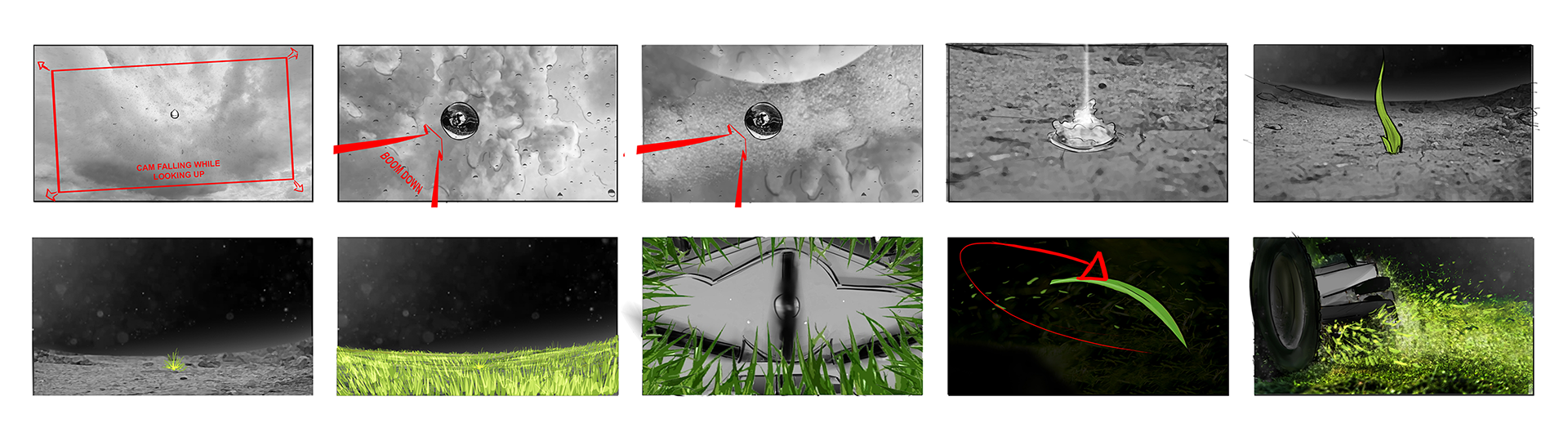 A lawn mower's blade is shown in close-up, showing its sharp edge and metallic surface.