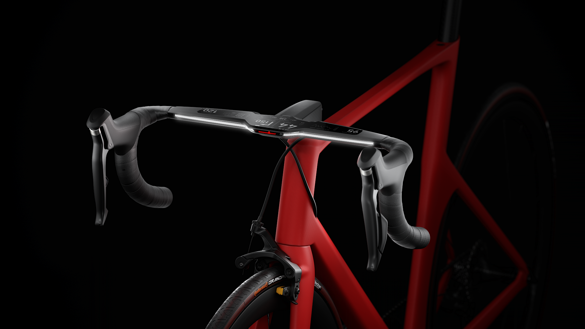 A red carbon fiber bicycle frame with aerodynamic handlebars, showing advanced engineering and performance.