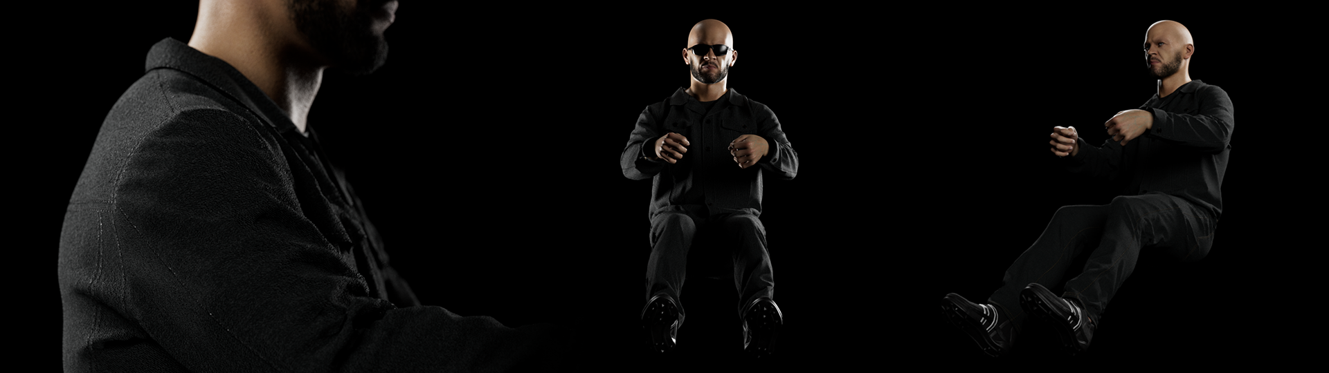 A person in a black hoodie sits on a black chair, arms crossed, against a black background.