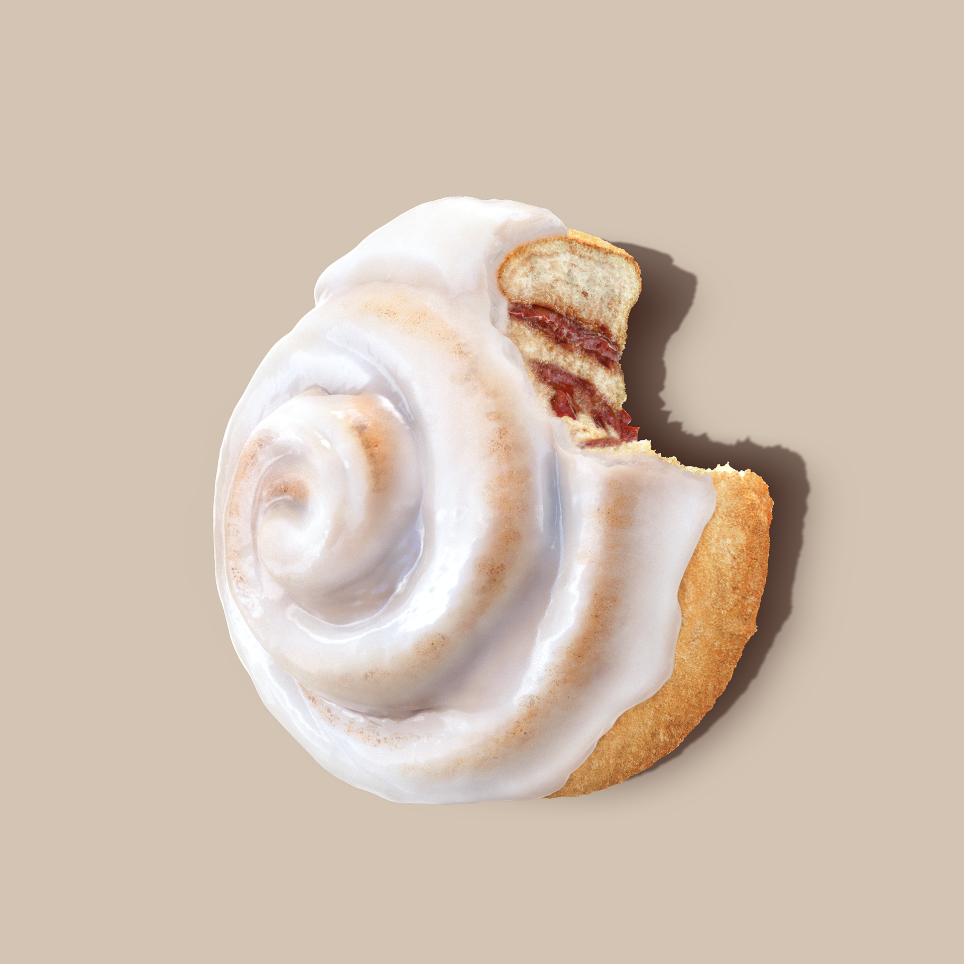 A spiral-shaped pastry with a white meringue topping and a red filling, set against a neutral background.