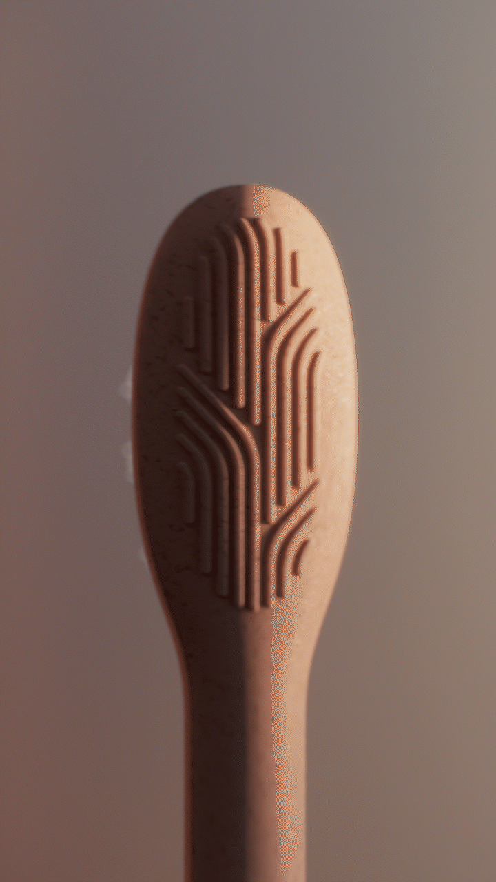 Animated sequence: A sleek, rose gold electric toothbrush with a blue light on its tip, set against a warm, blurred background.