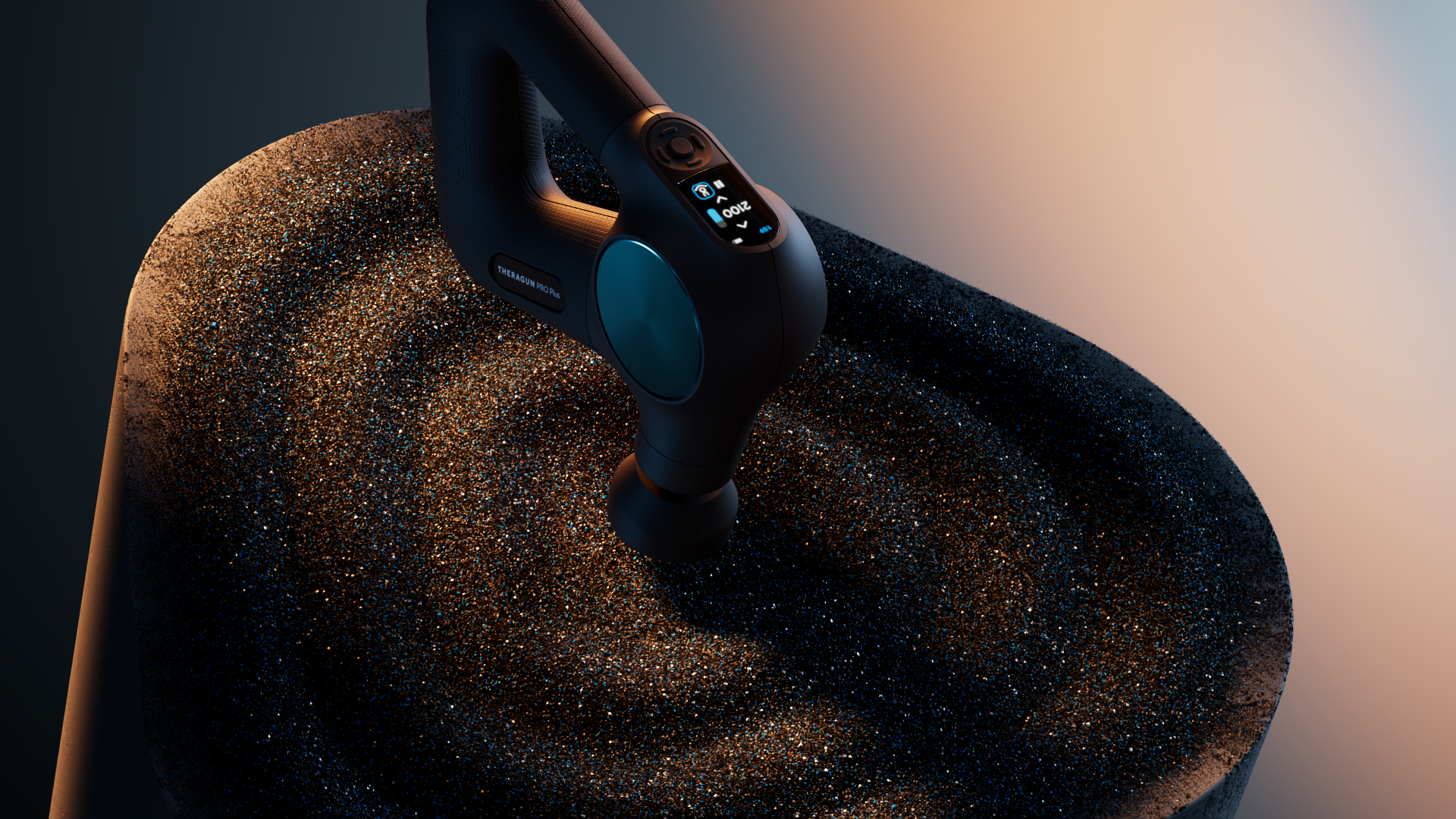 A sleek, black Theragun Pro Plus device with a textured grip and control buttons, resting on a dark, textured surface.