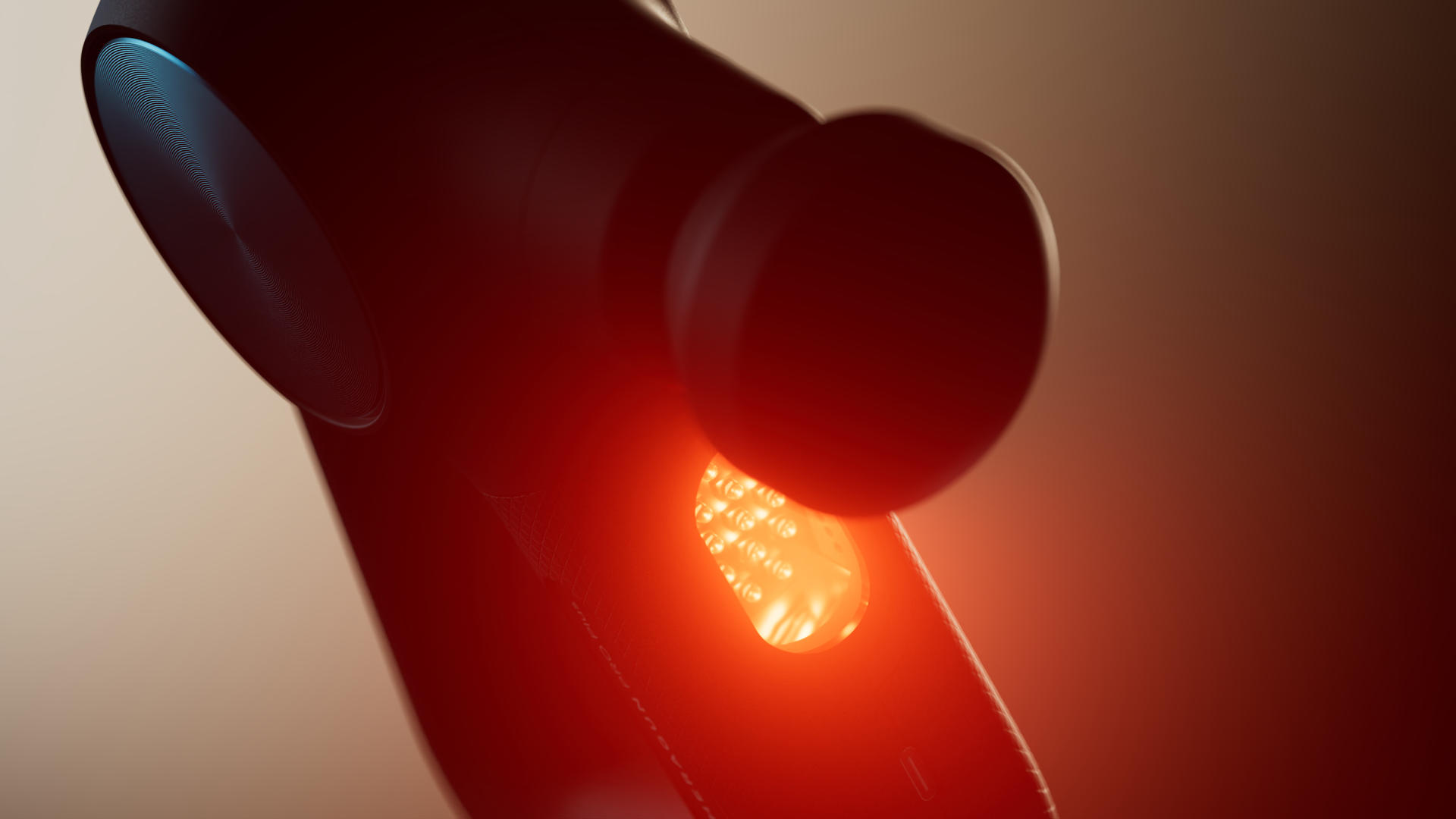 A close-up of a red light bulb.