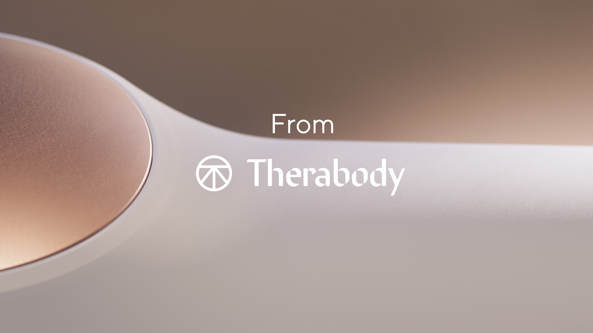 A minimalist design featuring a sleek, metallic circular object on a gradient background, with the Therabody logo prominently displayed.