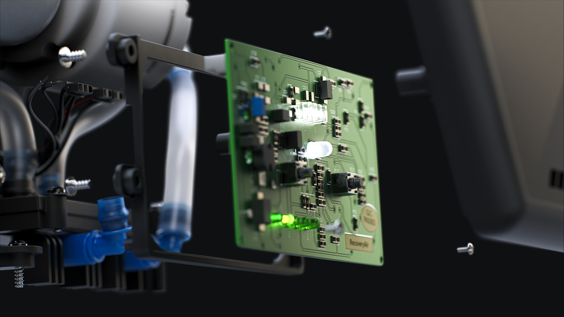 A green circuit board with various components, including a green LED light, surrounded by screws and wires, set against a dark background.