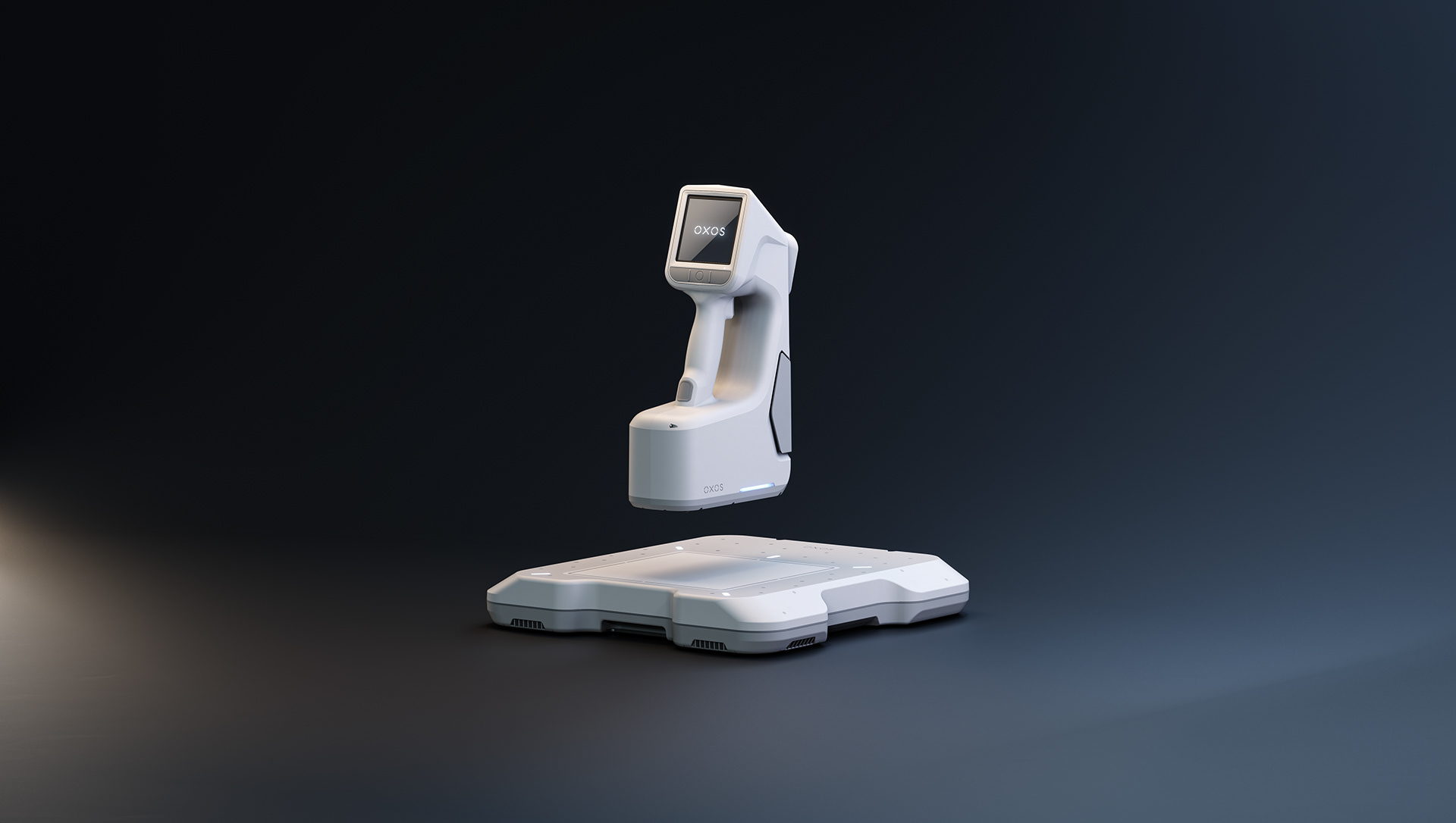 A sleek, white portable precision device with a digital display and control buttons, hovering above its base on a dark background.