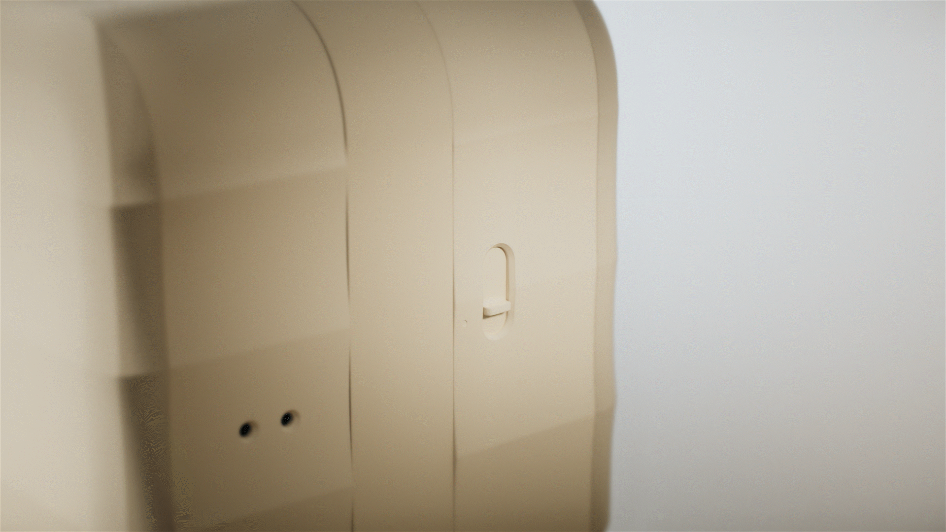 Animated sequence: A beige, modular robot with a sleek, modern design stands on a wooden floor, surrounded by minimalist furniture and decor.