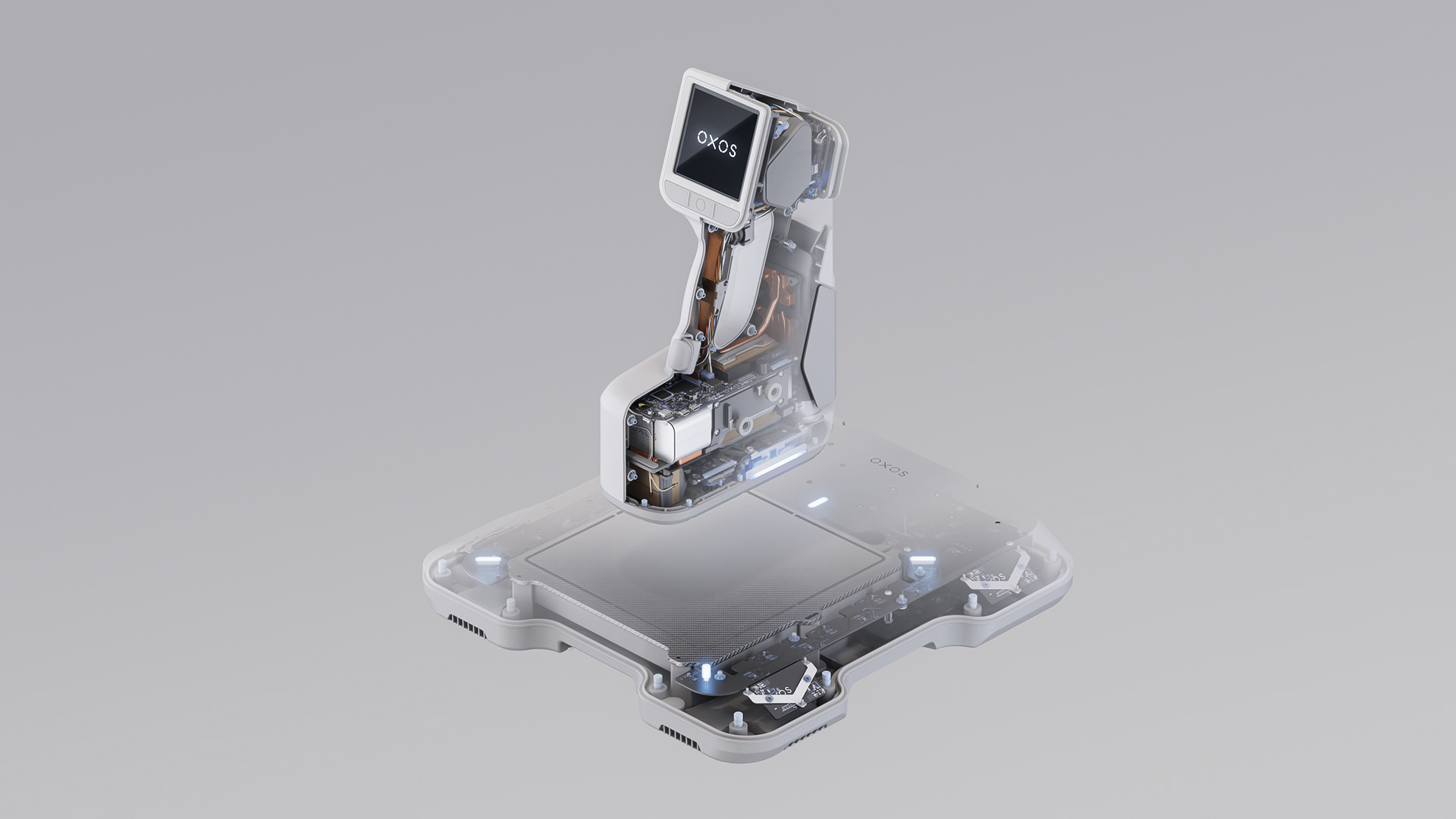 A portable precision device with a transparent casing, featuring a digital display reading "OXS" and a small screen on top, connected to a base with blue lights.
