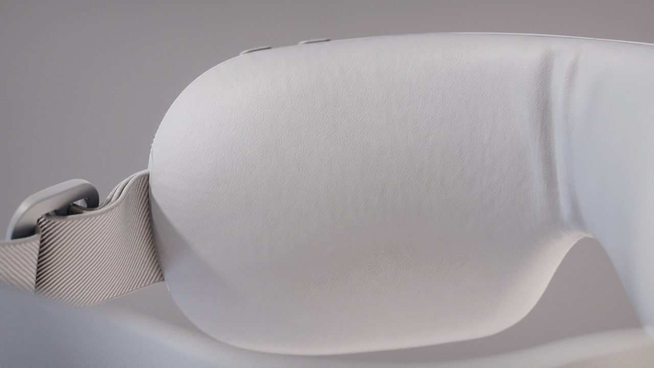 Animated sequence: A futuristic white VR headset with glowing blue circular patterns on its surface.