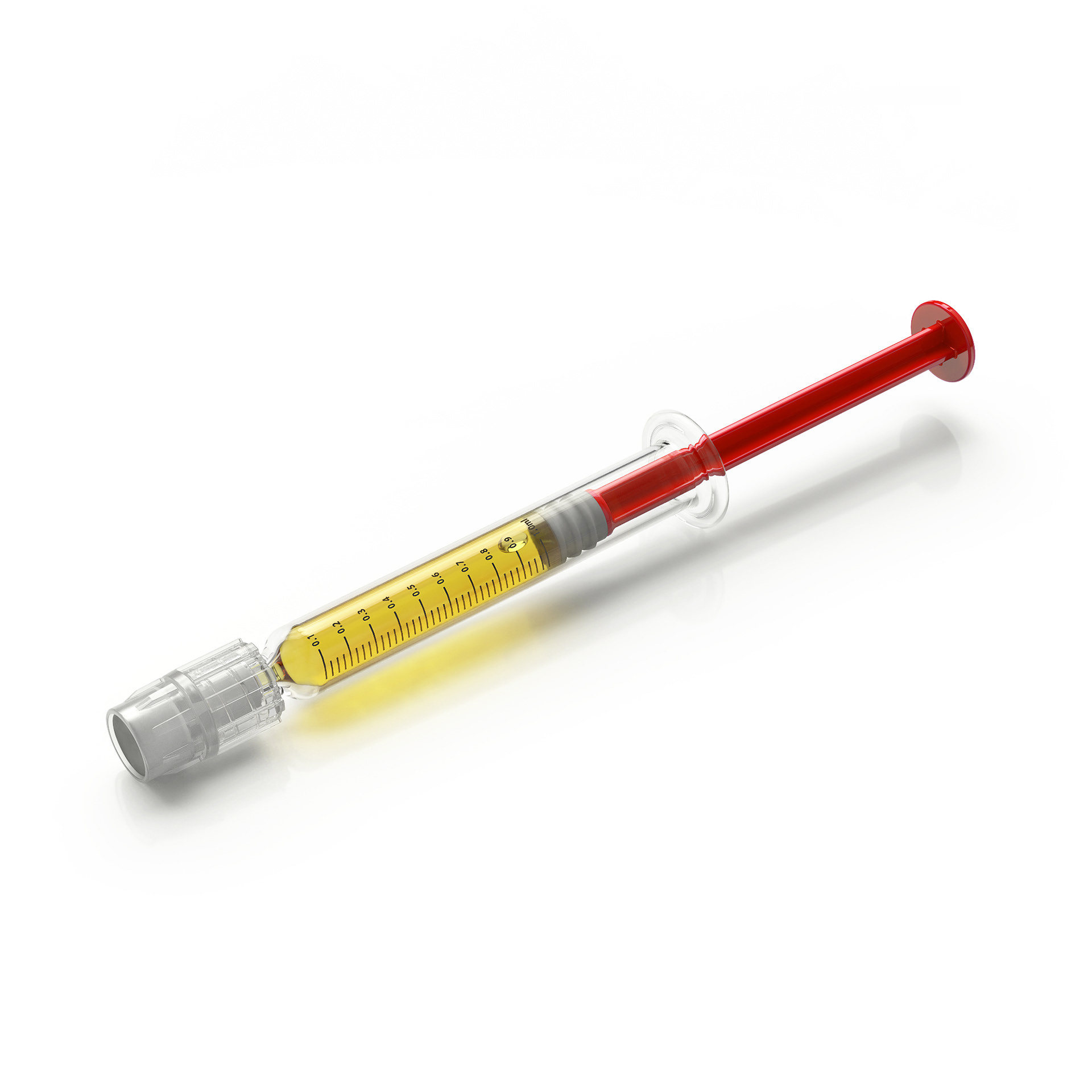 A transparent syringe with a red plunger and yellow liquid, marked with measurement lines.