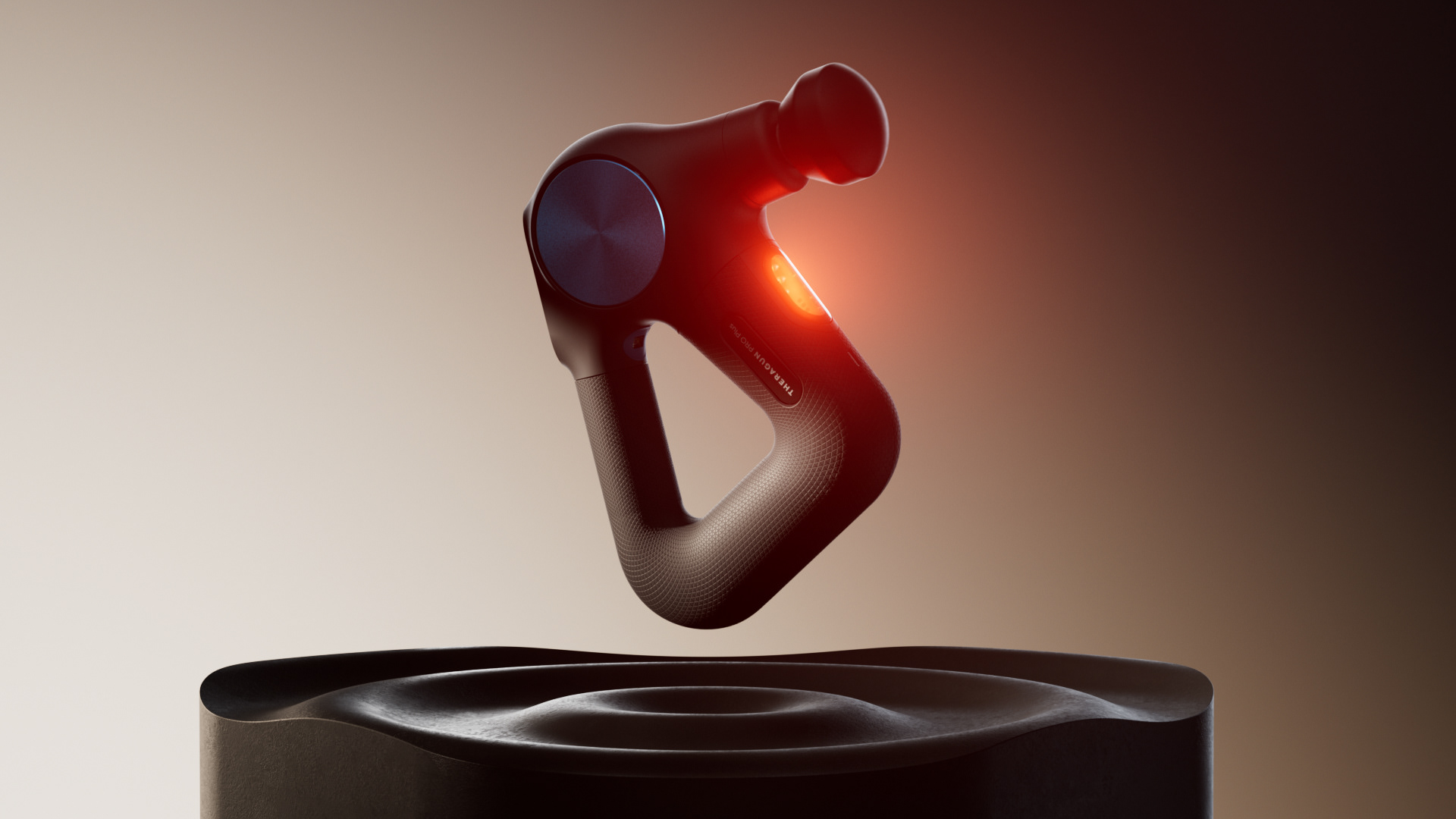 A black Theragun Pro Plus device levitates above its charging base, showing its modern design and vibrant red light.
