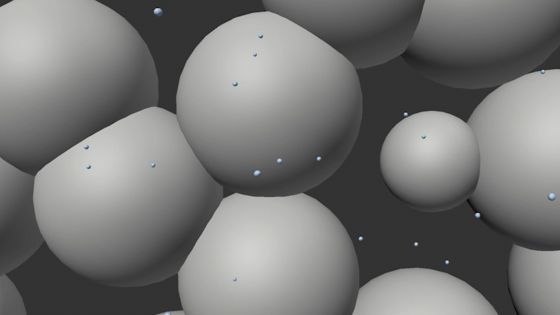 Animated sequence: A gray, abstract landscape with floating spheres, some connected by thin lines, resembling a network or system.