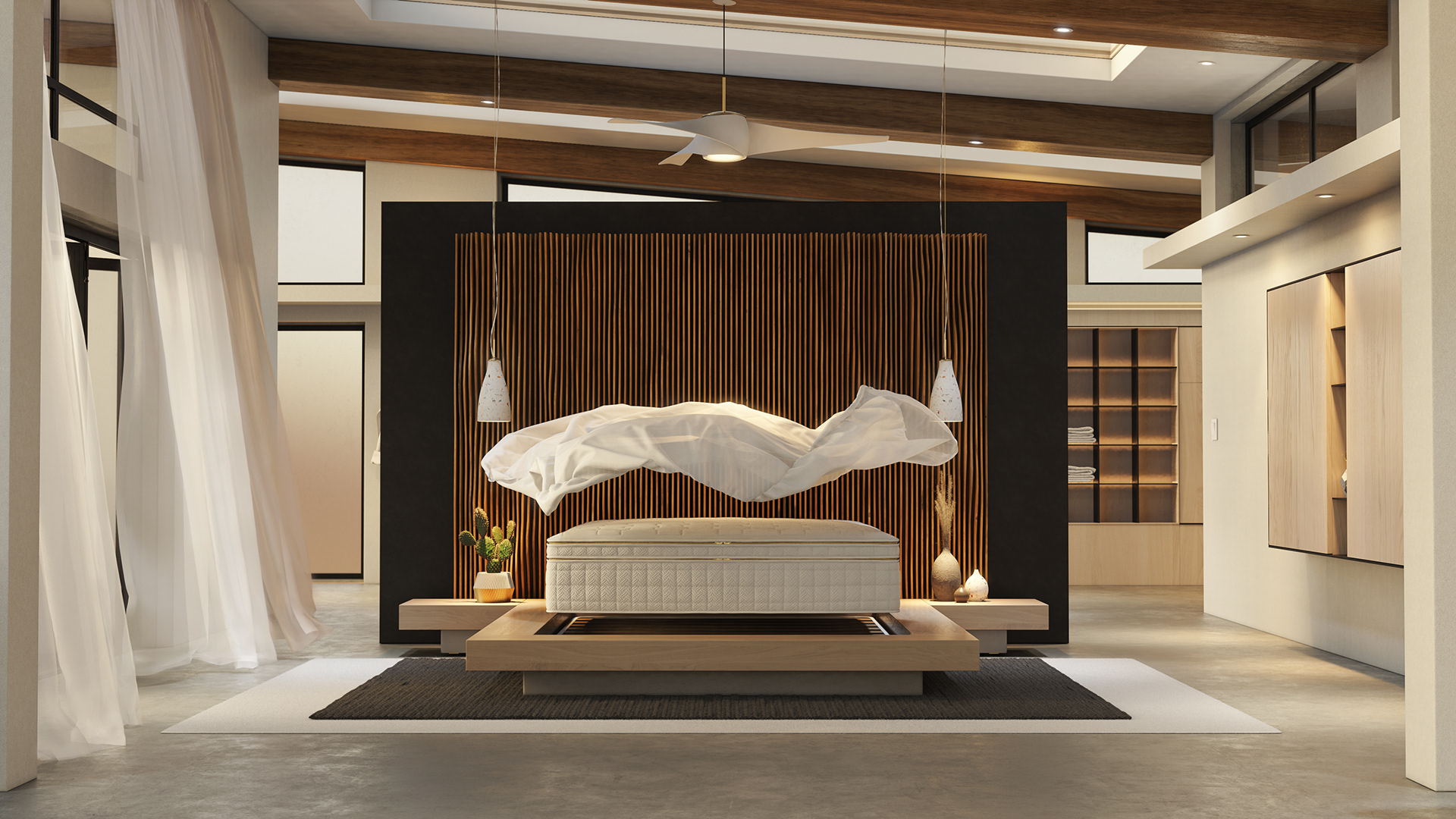A modern bedroom with a floating bed, wooden accents, and a sleek, minimalist design.