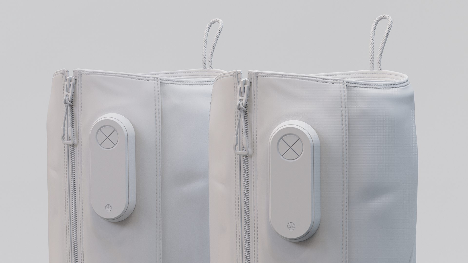 A pair of white recovery air jetboots with adjustable straps and buttons.