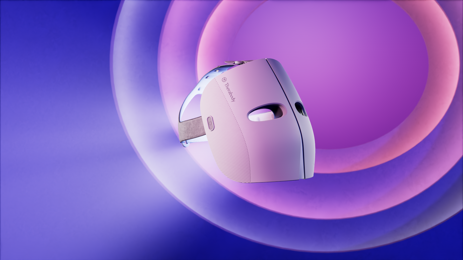 A sleek, futuristic pink and white device rotates against a vibrant purple background, showing its compact design and advanced features.