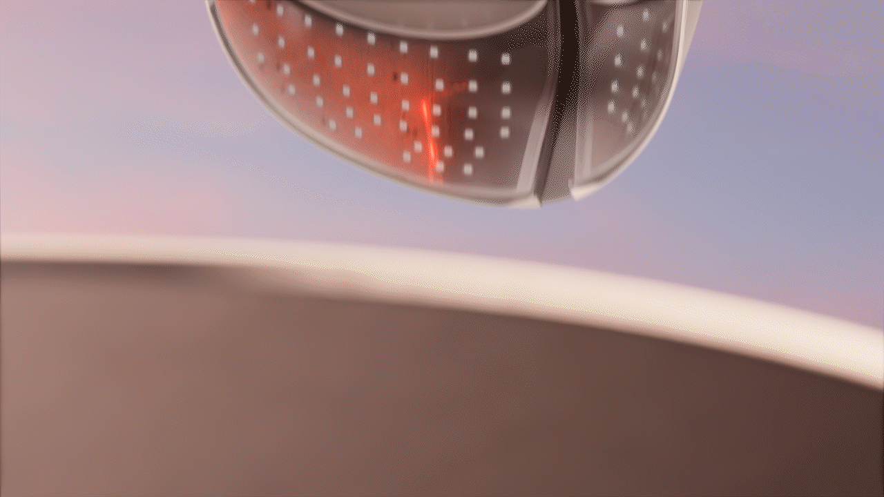 Animated sequence: A close-up of a glowing LED mask with a pinkish hue, featuring circular light patterns and a strap.