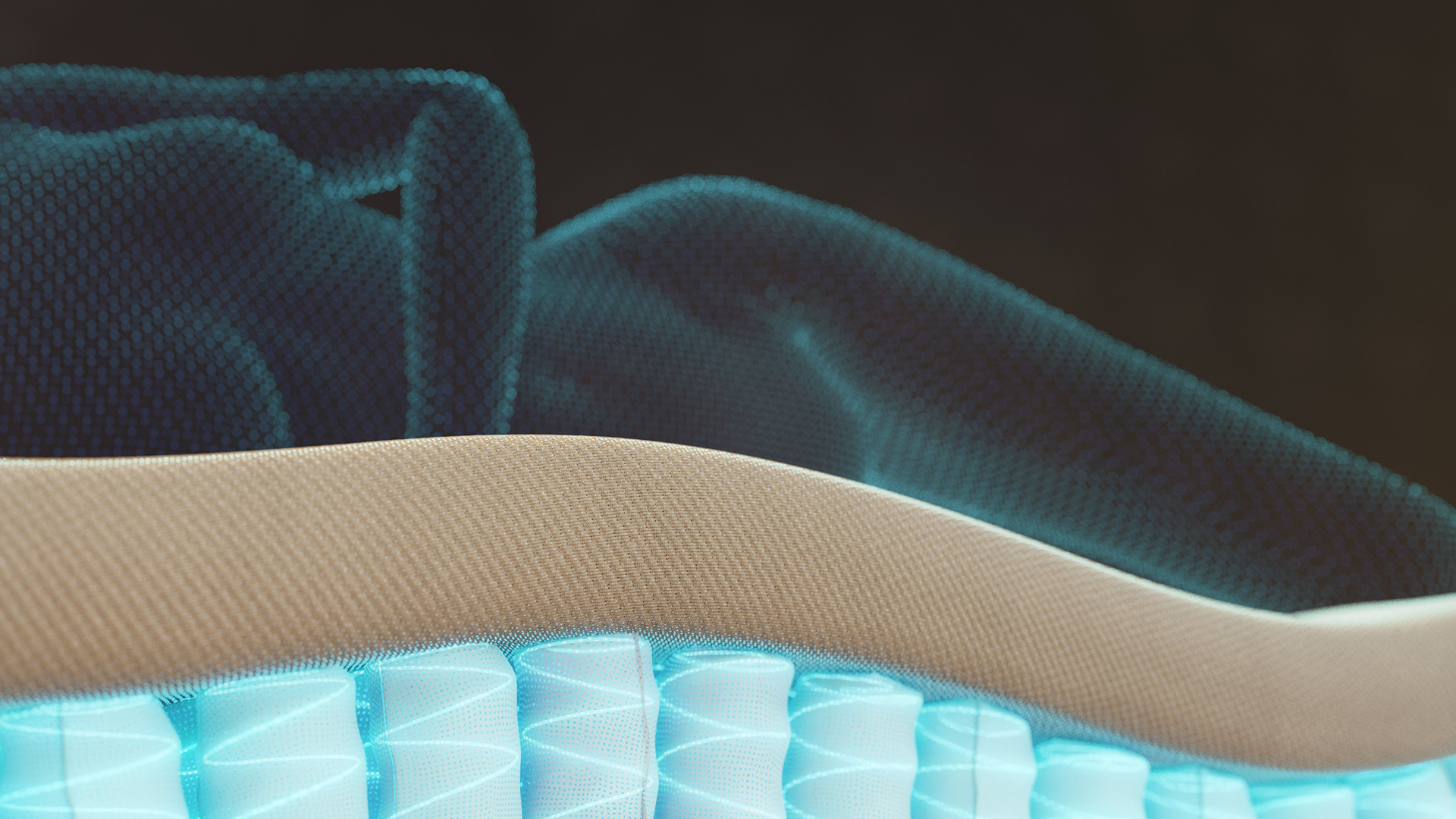 A close-up of a textured fabric with a beige trim and blue accents, showing the intricate details of the material.