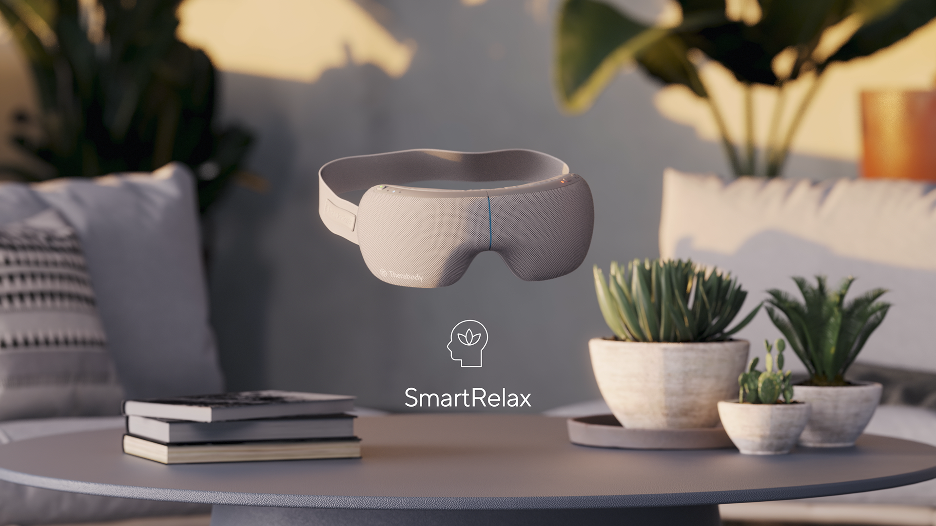 A modern smartgoggles device sits on a table next to a stack of books and cacti, with the brand name "SmartRelax" displayed below.