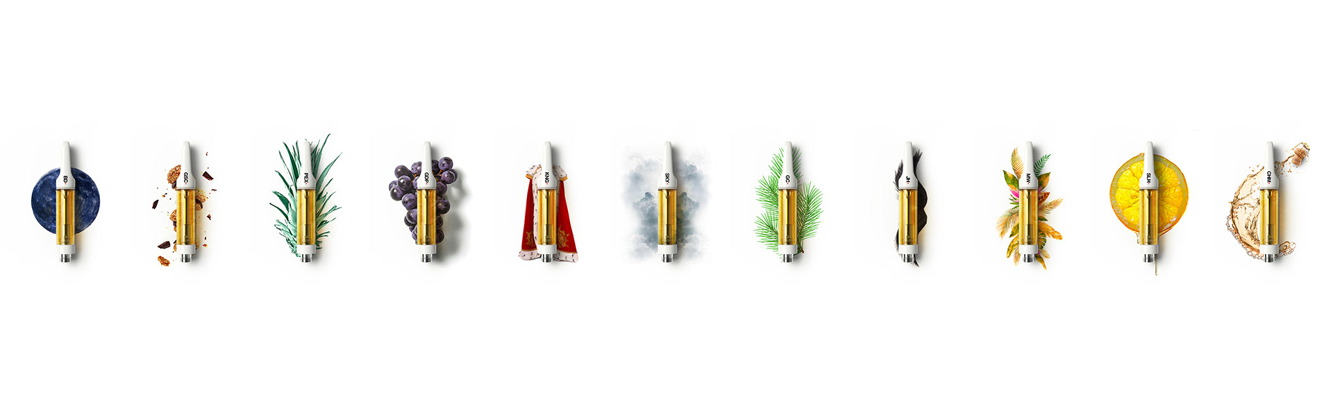 A pen with a gold cap and silver body, surrounded by vibrant, colorful ingredients like blueberries, oranges, and herbs.