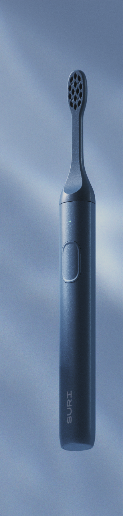 A sleek, dark gray electric toothbrush with a minimalist design, featuring a single button on the handle and a textured head.