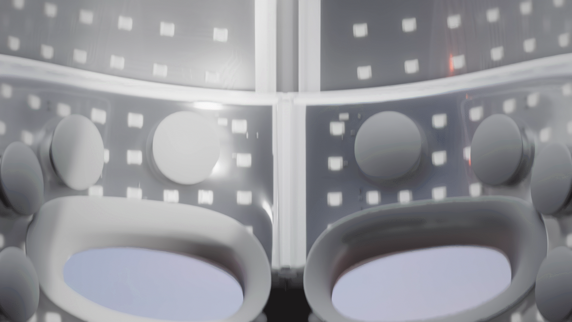 Animated sequence: A futuristic mask with glowing red lights on its sides.