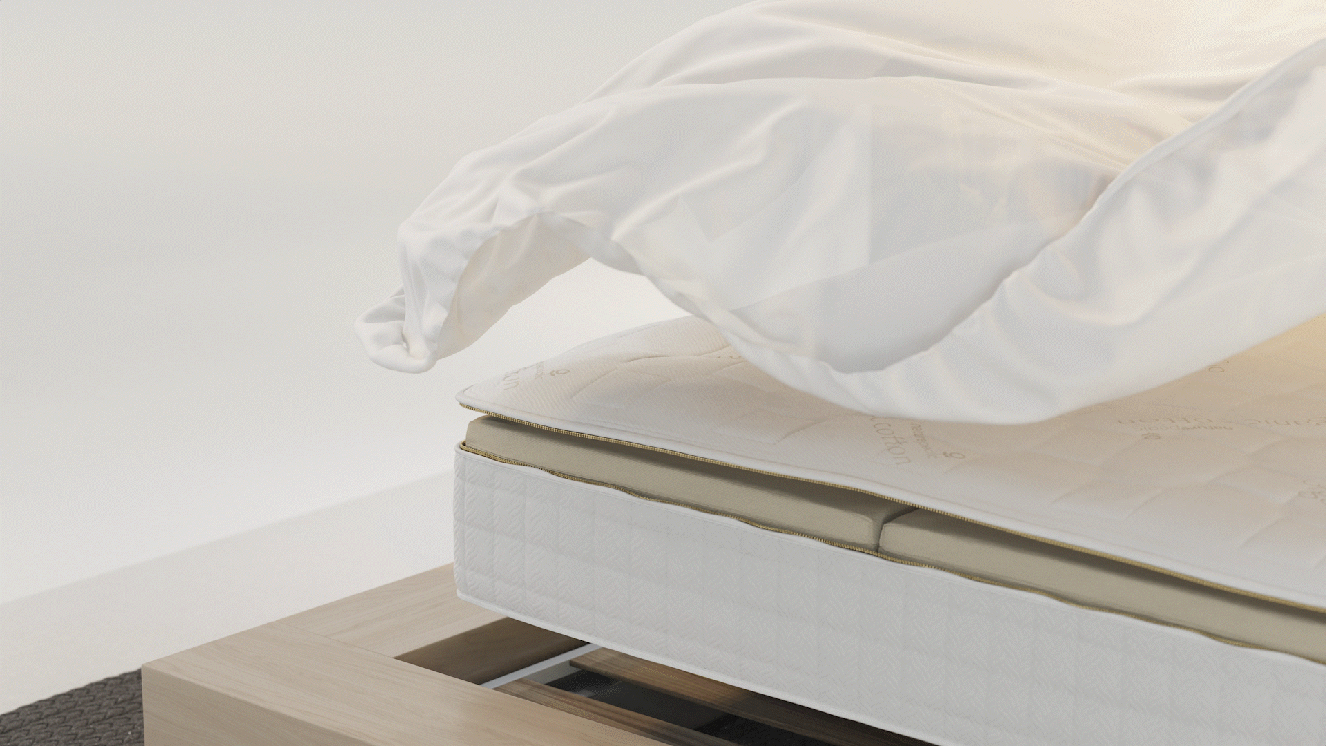 Animated sequence: A close-up of a mattress with natural fiber layers, showing the texture and construction. "Naturpedic" prominently displayed on the top layer.