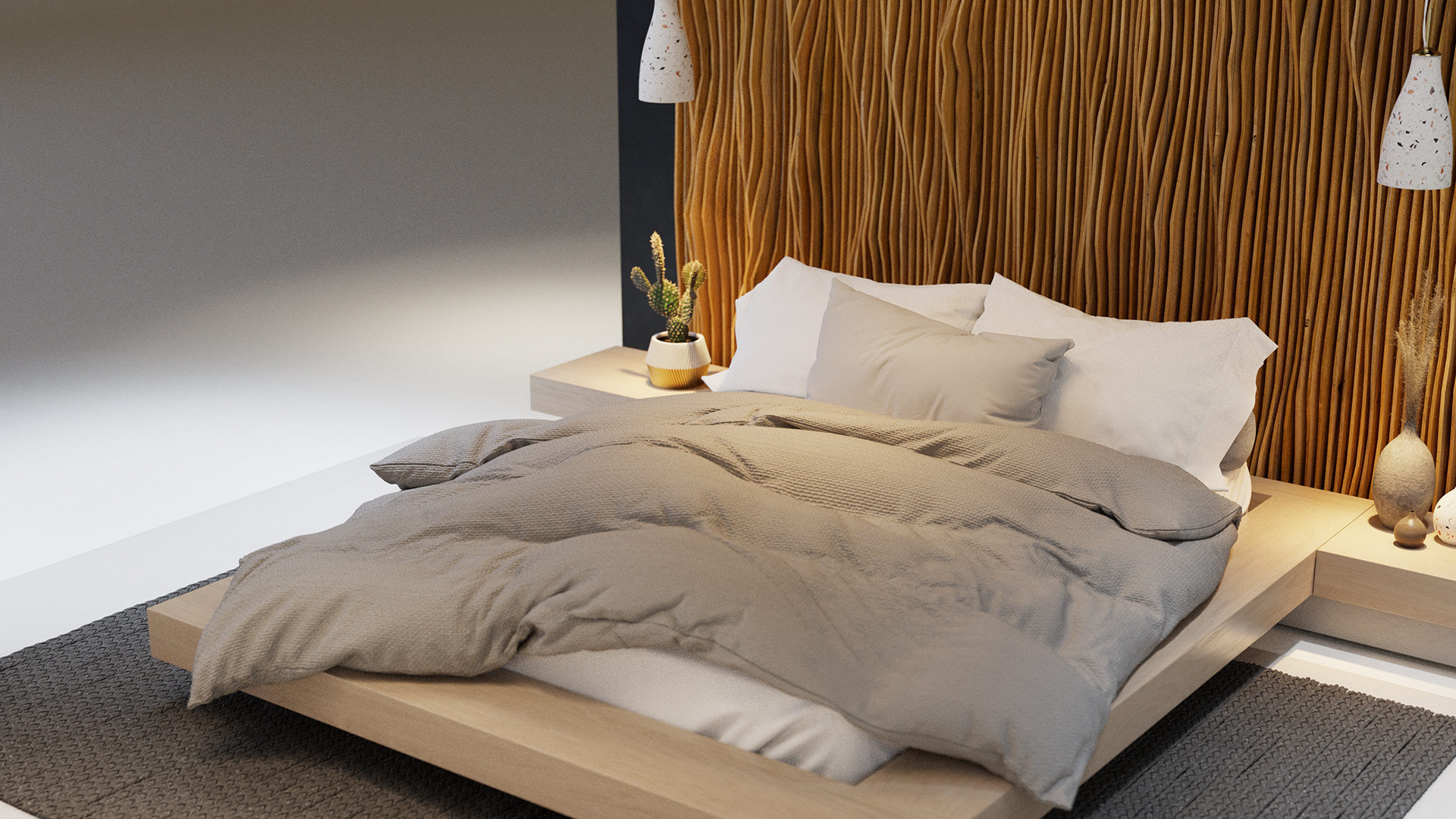 A minimalist bedroom scene featuring a wooden bed frame, soft bedding, a wooden headboard, and a small potted plant on a nightstand.