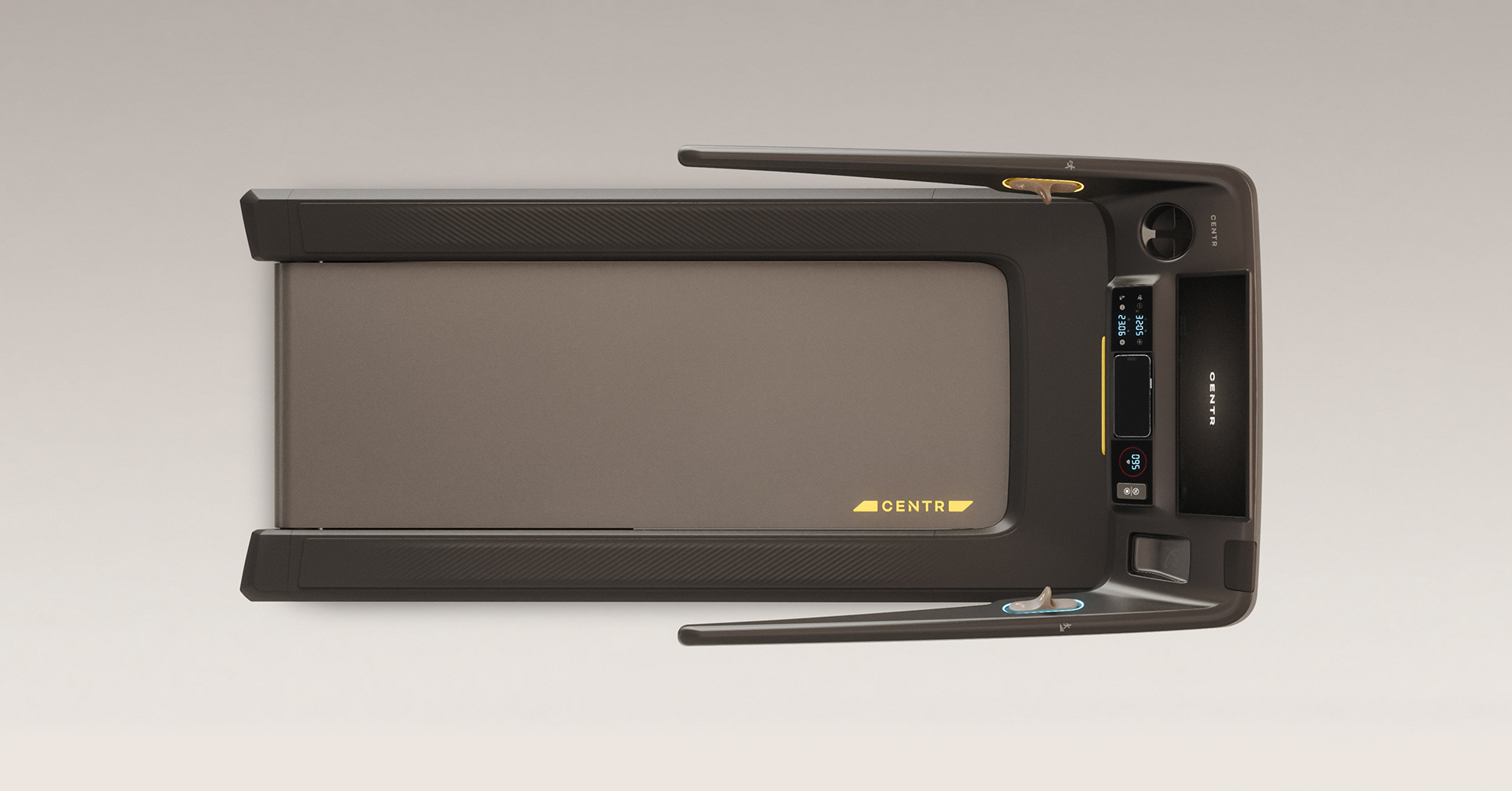A treadmill with a minimalist design, featuring a large display screen and control buttons, with the brand name "CENTR" prominently displayed on the side.