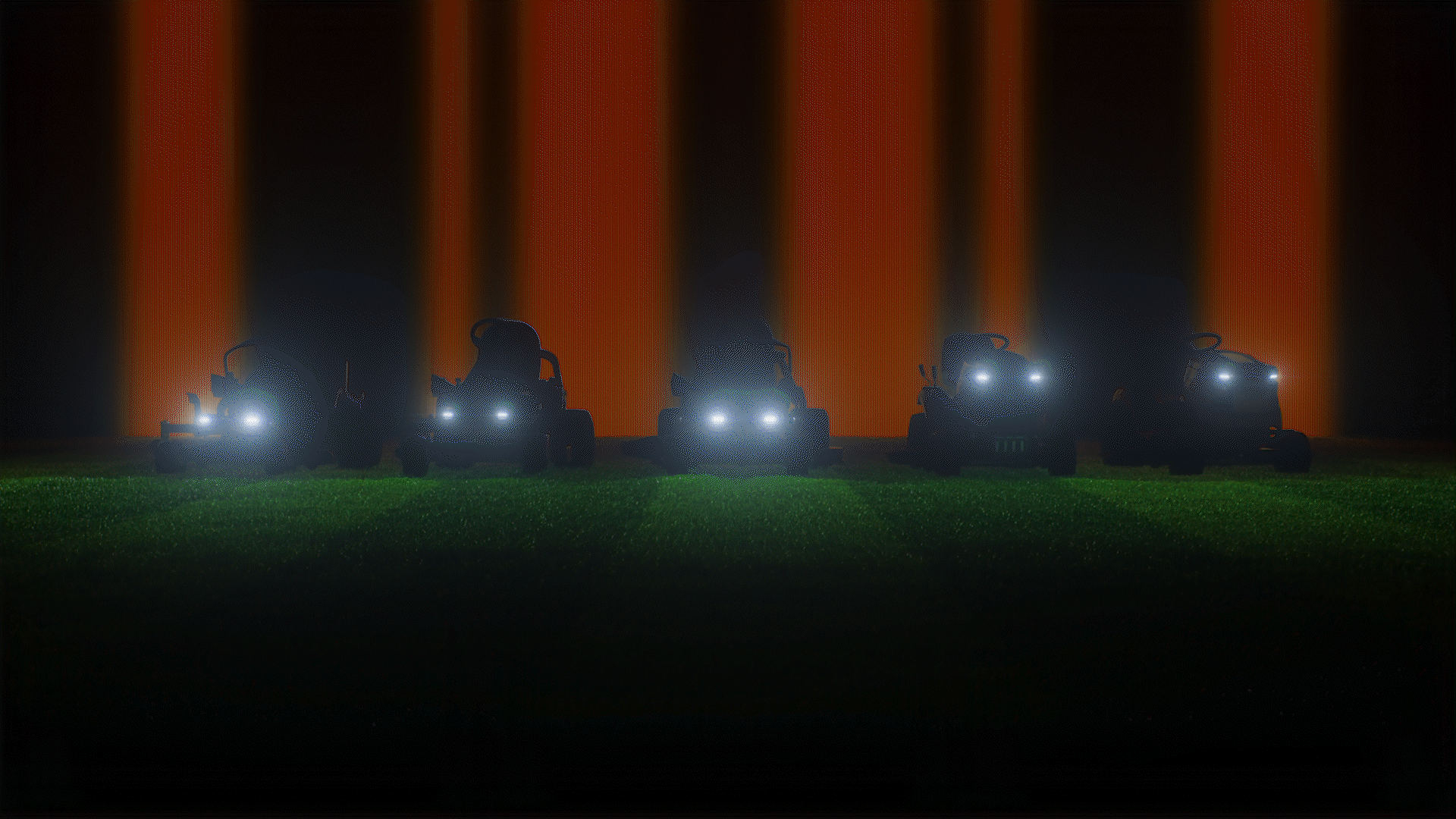 Animated sequence: Four Cub Cadet lawn mowers lined up on a grassy field, each with headlights on, against a dark background with yellow arrows and the brand name "Cub Cadet" prominently displayed.