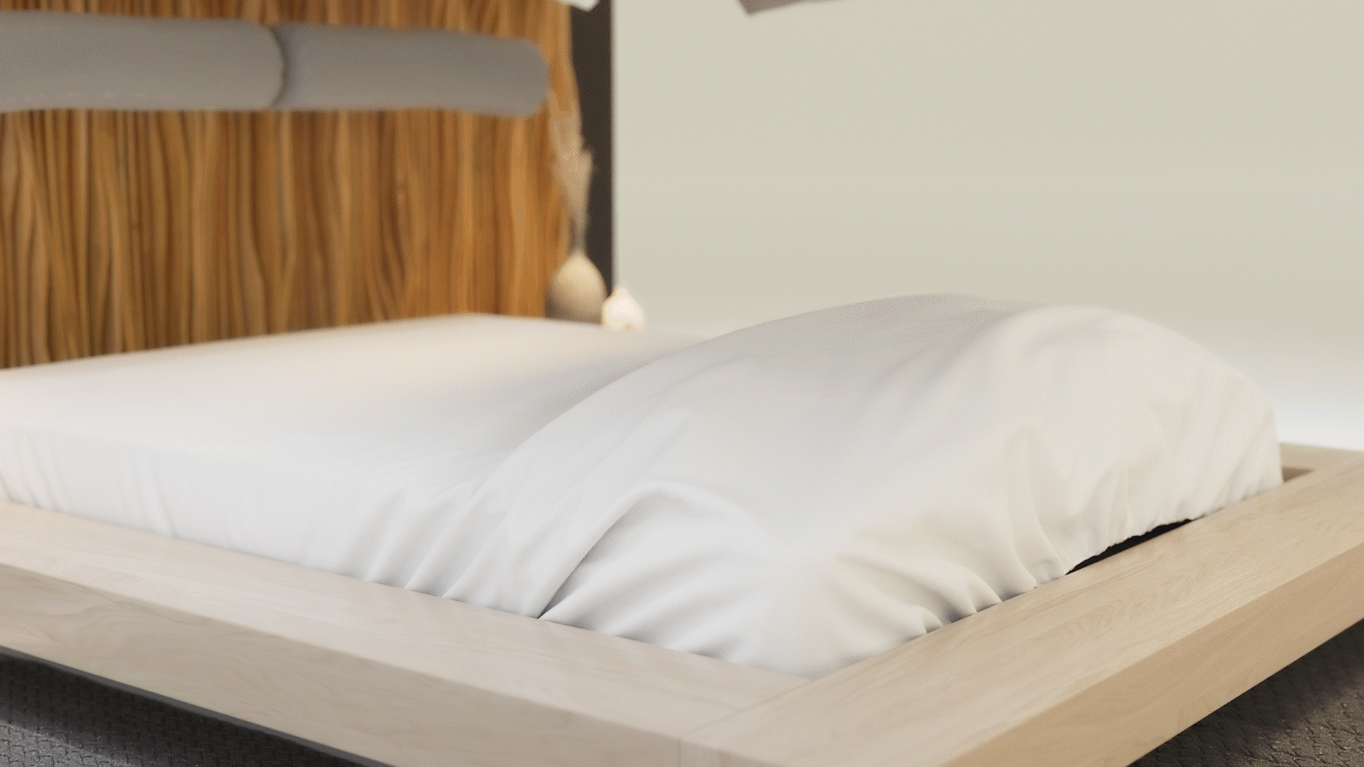Animated sequence: A neatly made bed with white pillows and a gray blanket, showing the natural and comfortable feel of the Naturpedic mattress.