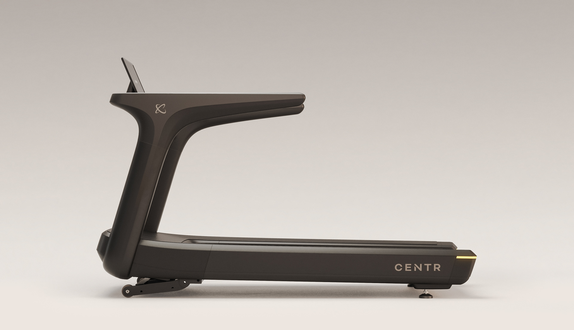 A treadmill with a minimalist design, featuring a black frame and a curved handlebar. The brand name "CENTR" is prominently displayed on the side.