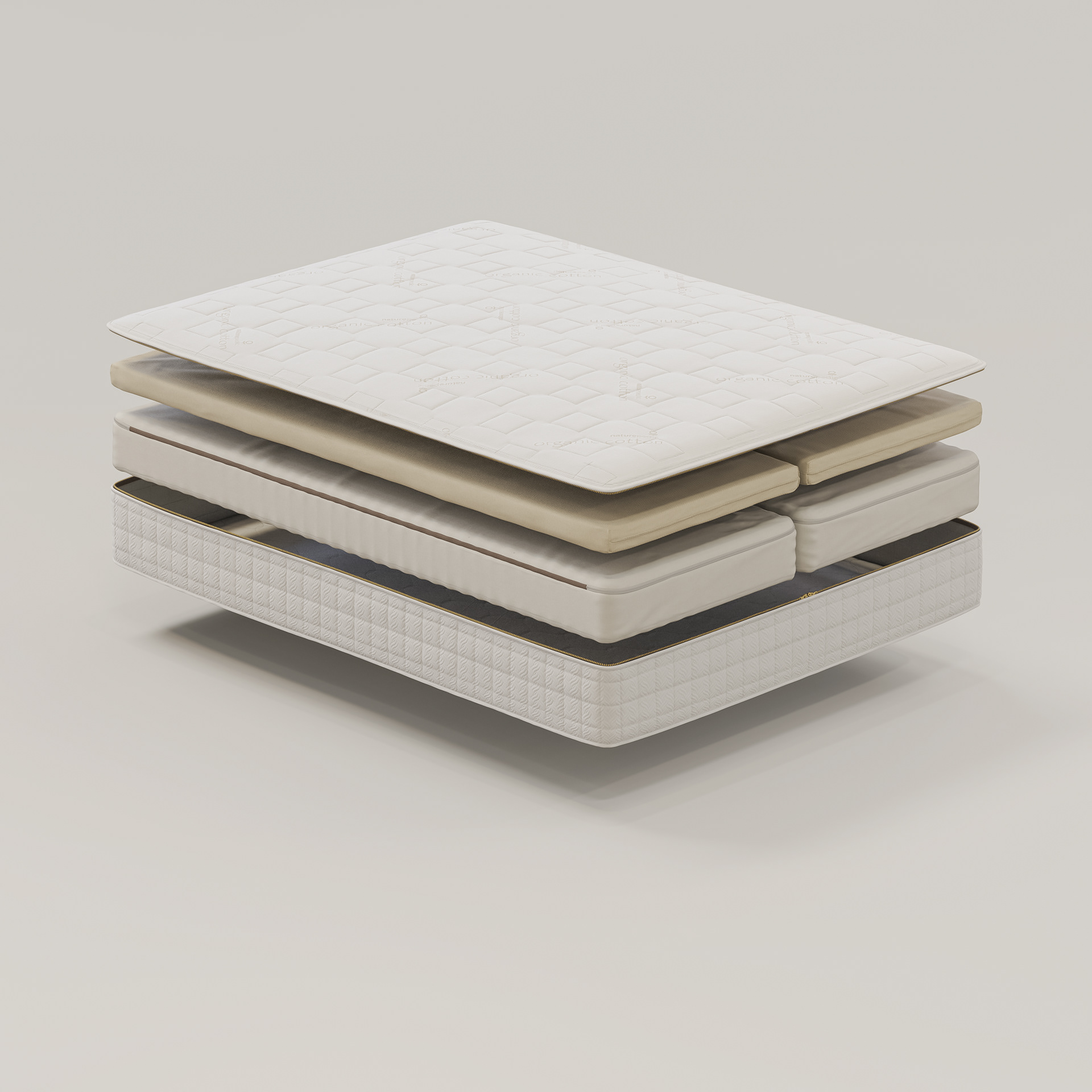 A mattress stack showing layers of foam and memory foam, showing the EOS Series animation by Naturpedic.