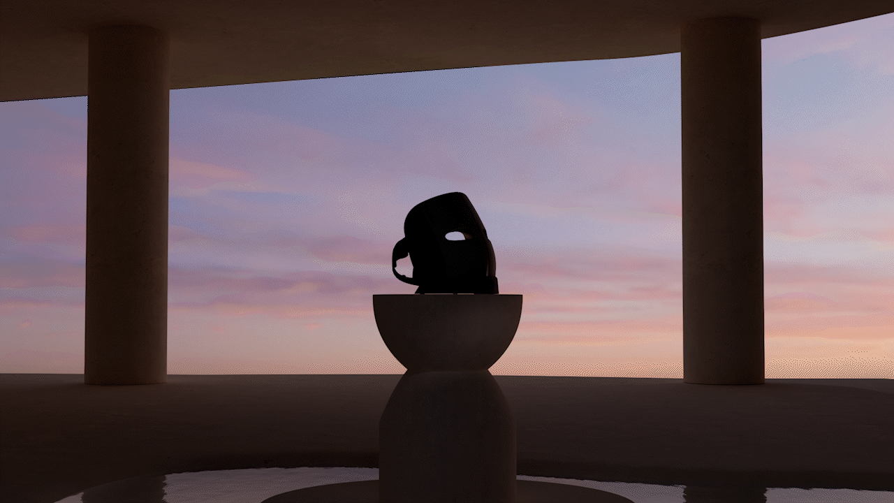 Animated sequence: A coffee cup with a mask inside, placed on a concrete surface under a large overhang, with a pastel sky in the background.
