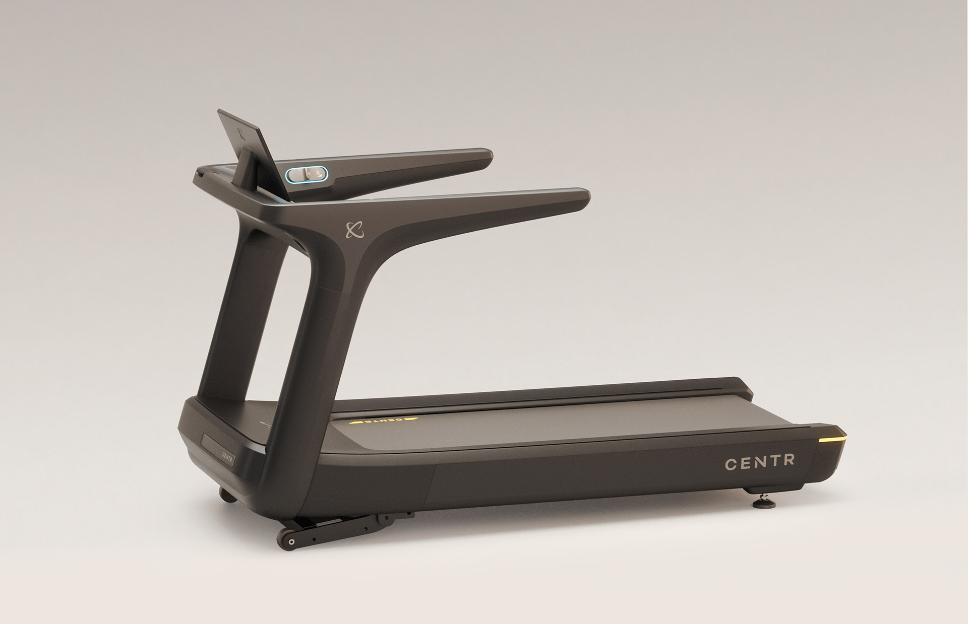A treadmill with a minimalist design, featuring a black finish and the brand name "CENTR" on the side.