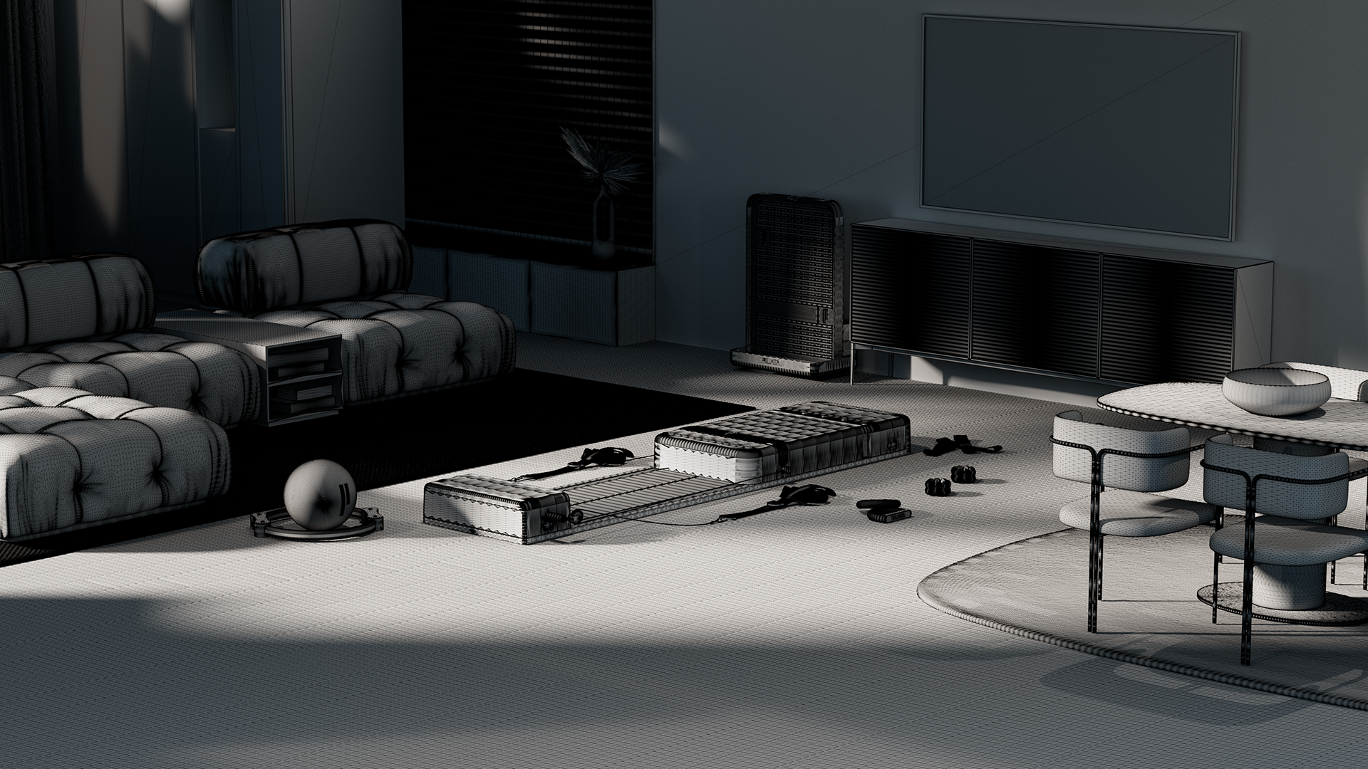 A modern living room with a gray couch, coffee table, and flat-screen TV on a black entertainment center.