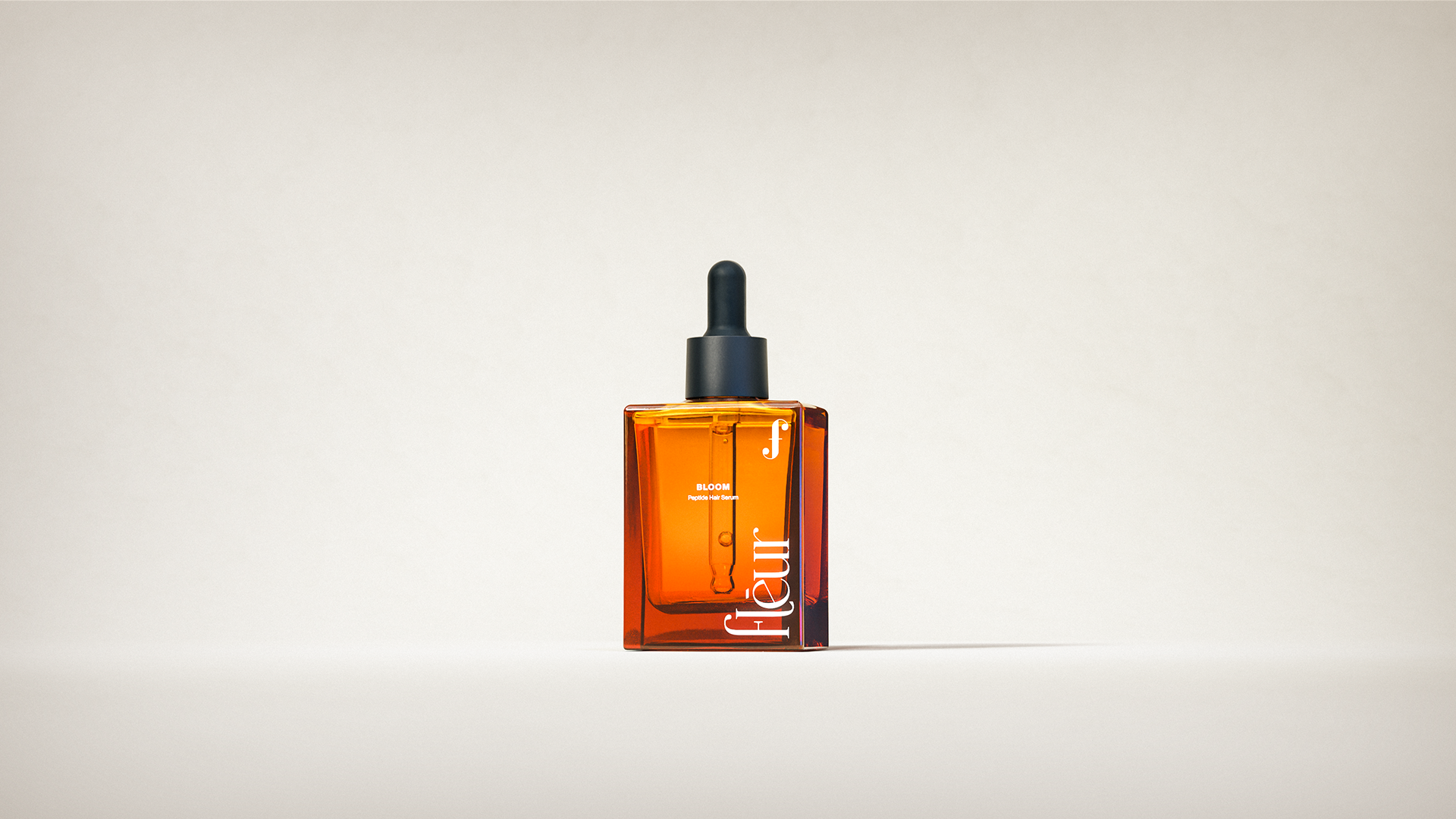 A sleek, amber-colored bottle of Fleur Bloom Peptides serum stands against a minimalist white background.