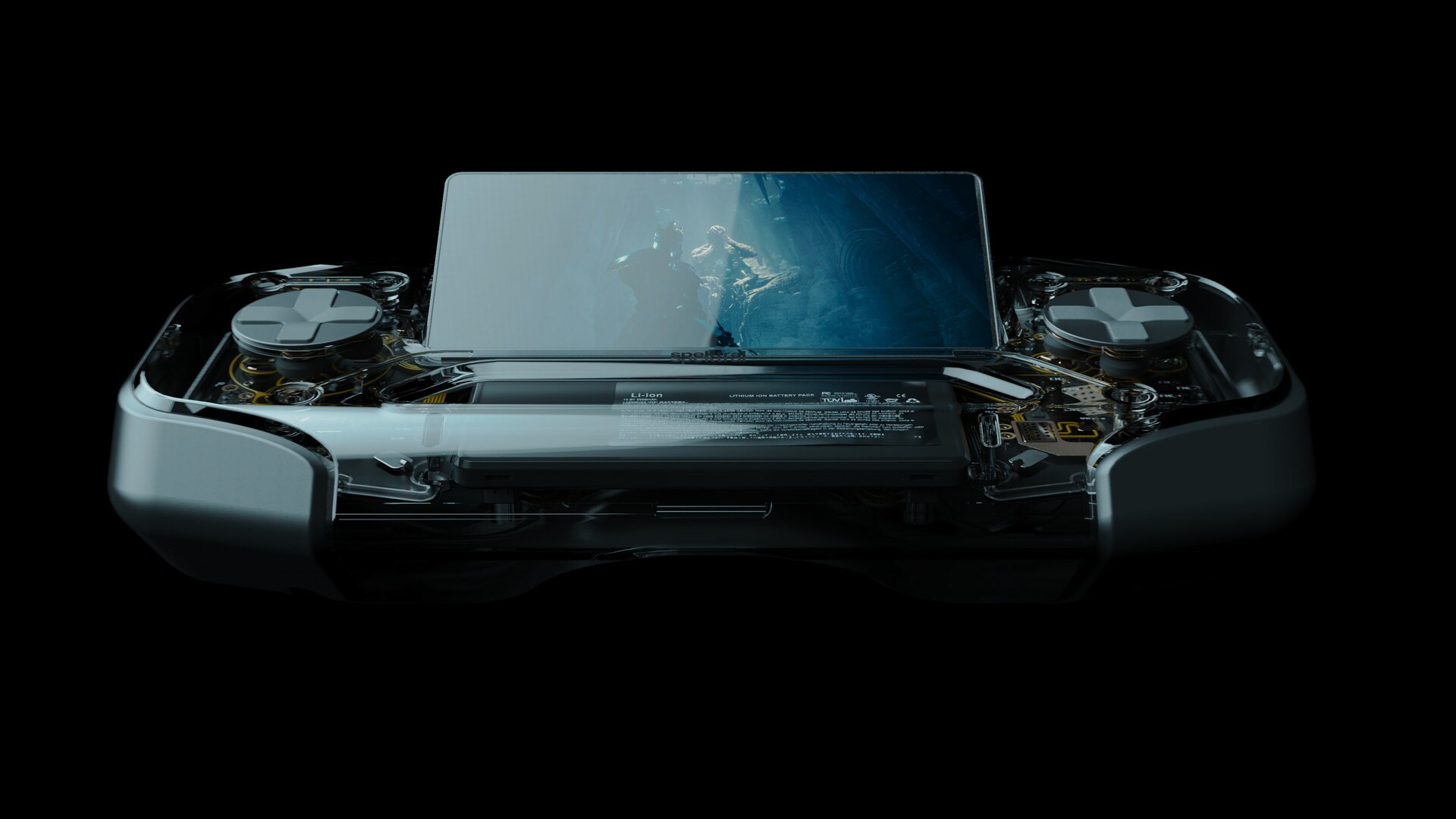 A handheld console with a transparent casing, revealing internal components like a battery and circuitry, against a black background.