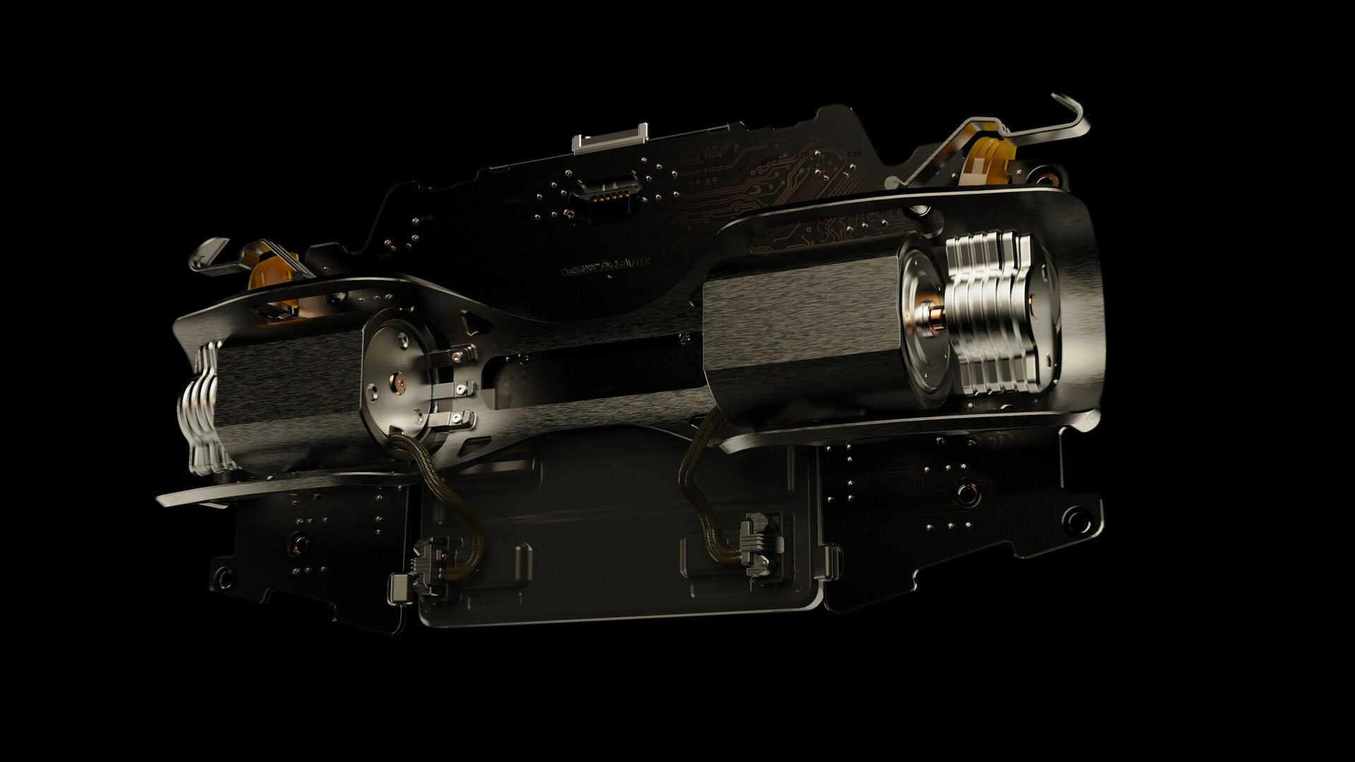 A handheld console with a sleek, metallic design featuring a central motor and various electronic components.