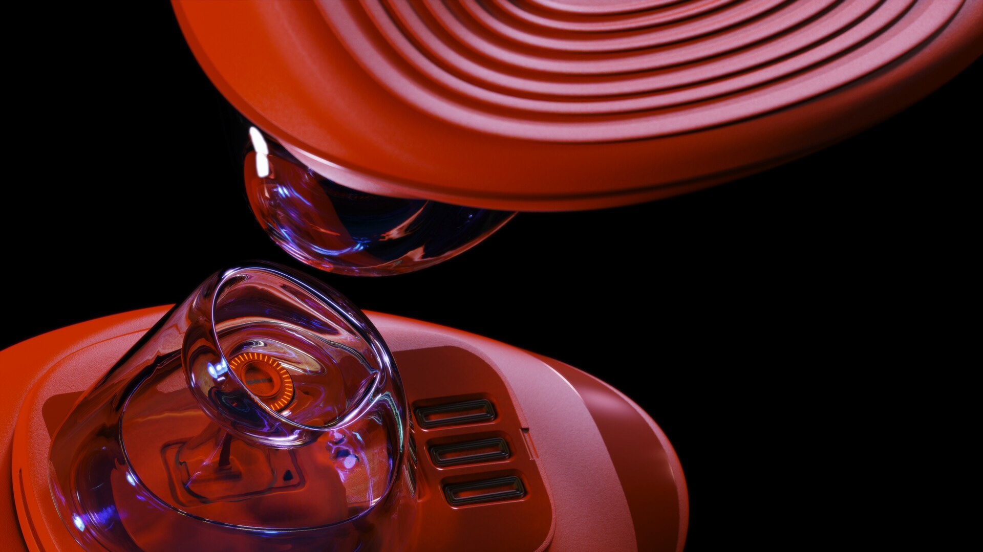A red earphone with a transparent speaker grille, featuring the brand name "SPEKTRAL" on its side.
