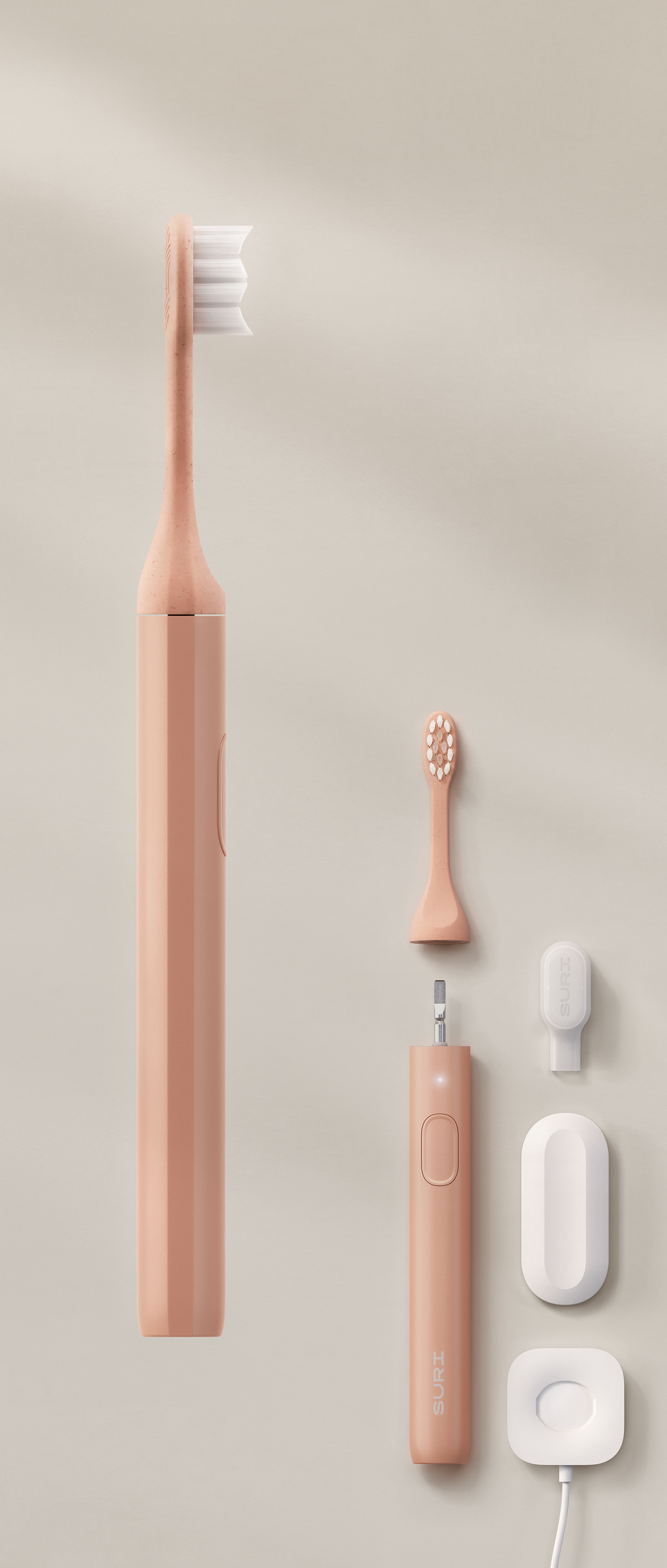 A sleek, peach-colored electric toothbrush with a white bristle head, accompanied by its charging case and travel adapter.